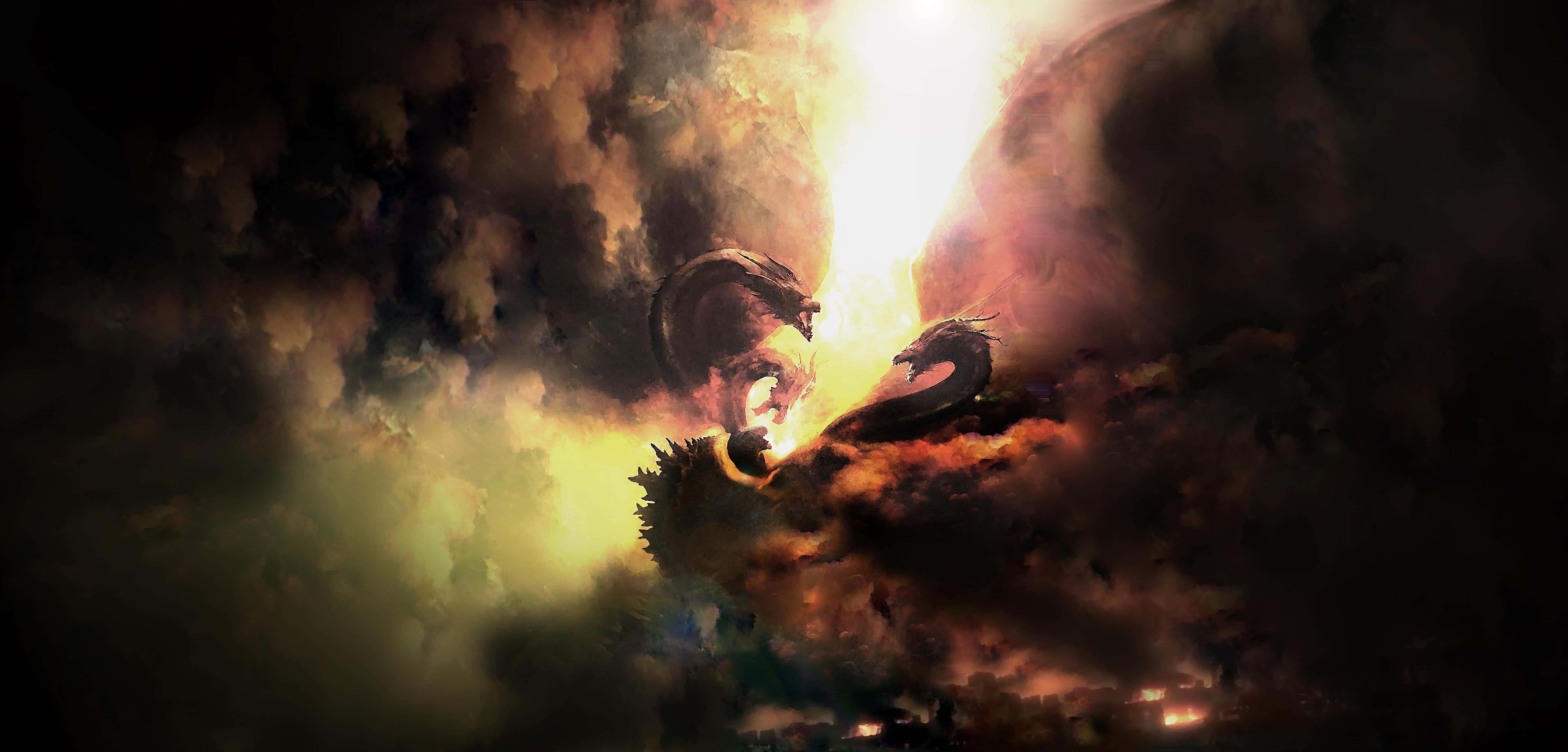 Burning Godzilla 桌布 壁紙 — 兩條龍在翻滾的烏雲和發光的餘燼中，在燦爛的陽光下展開激烈的戰鬥。