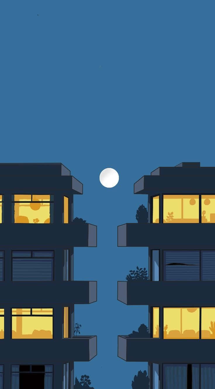 Minimalist Painting 桌布 壁紙 — 兩棟現代公寓大樓框住一輪滿月，背景是深藍色的夜空，窗戶透出溫暖的黃色燈光。