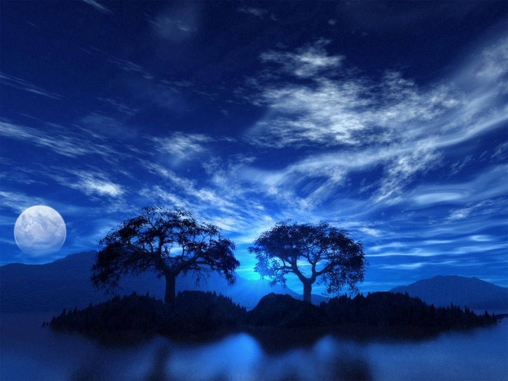 Blue Sky 桌布 壁紙 — 兩棵剪影樹立在霧氣籠罩的島嶼上，下方是廣闊的月光天空，有旋轉的雲彩和發光的藍色海水。