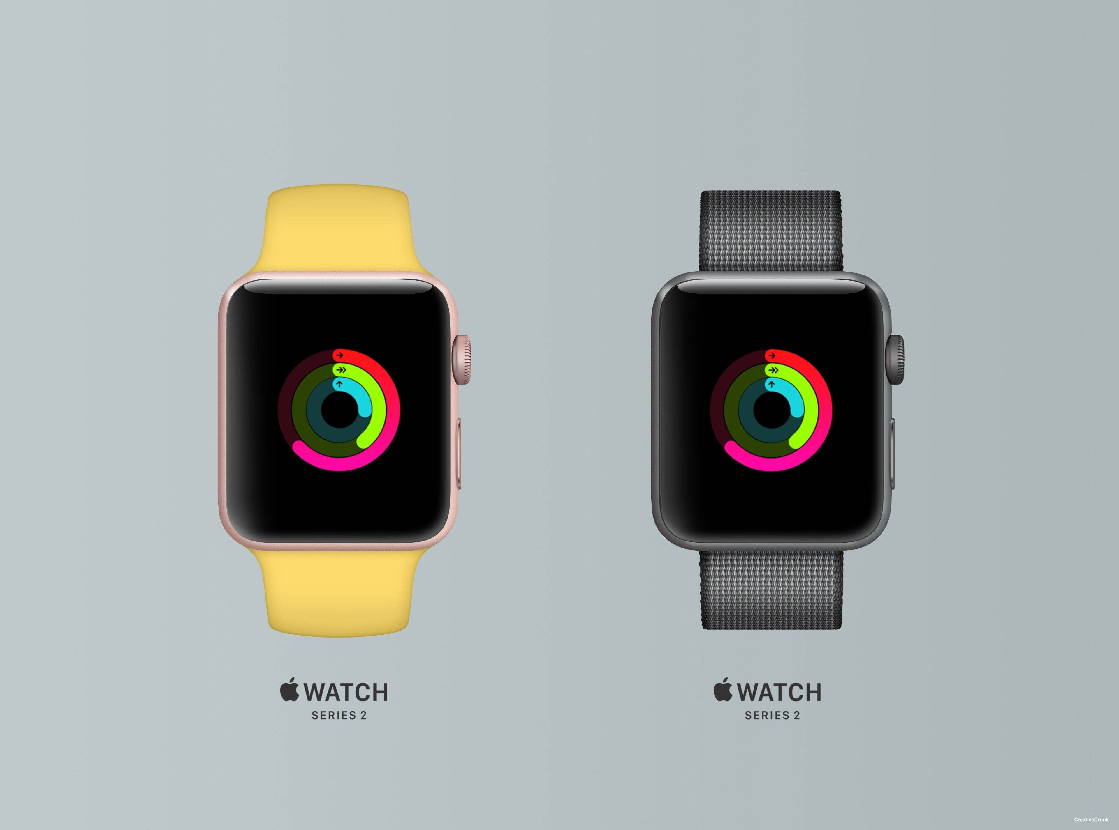 Apple Watch Series Two 壁紙 — 兩款 Apple Watch Series 2 型號並排，一款配黃色錶帶和玫瑰金色錶殼，另一款配灰色錶帶和黑色錶殼，兩款均在黑色螢幕上顯示彩色活動圓環，背景為柔和灰色。