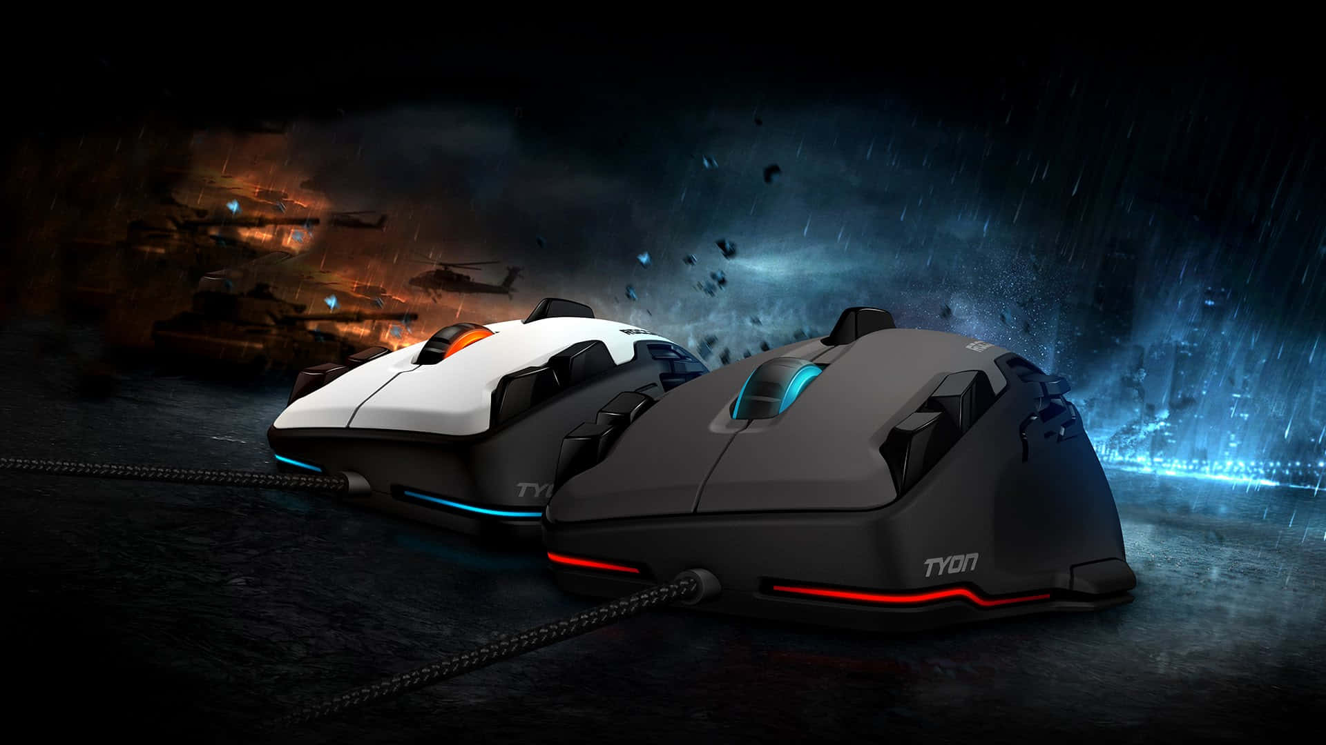 Gaming Mice 桌布 壁紙 — 兩款帶有發光點綴的電競滑鼠放置在潮濕的地面上，背景是暴風雨的天空，遠處有軍艦和直升機。