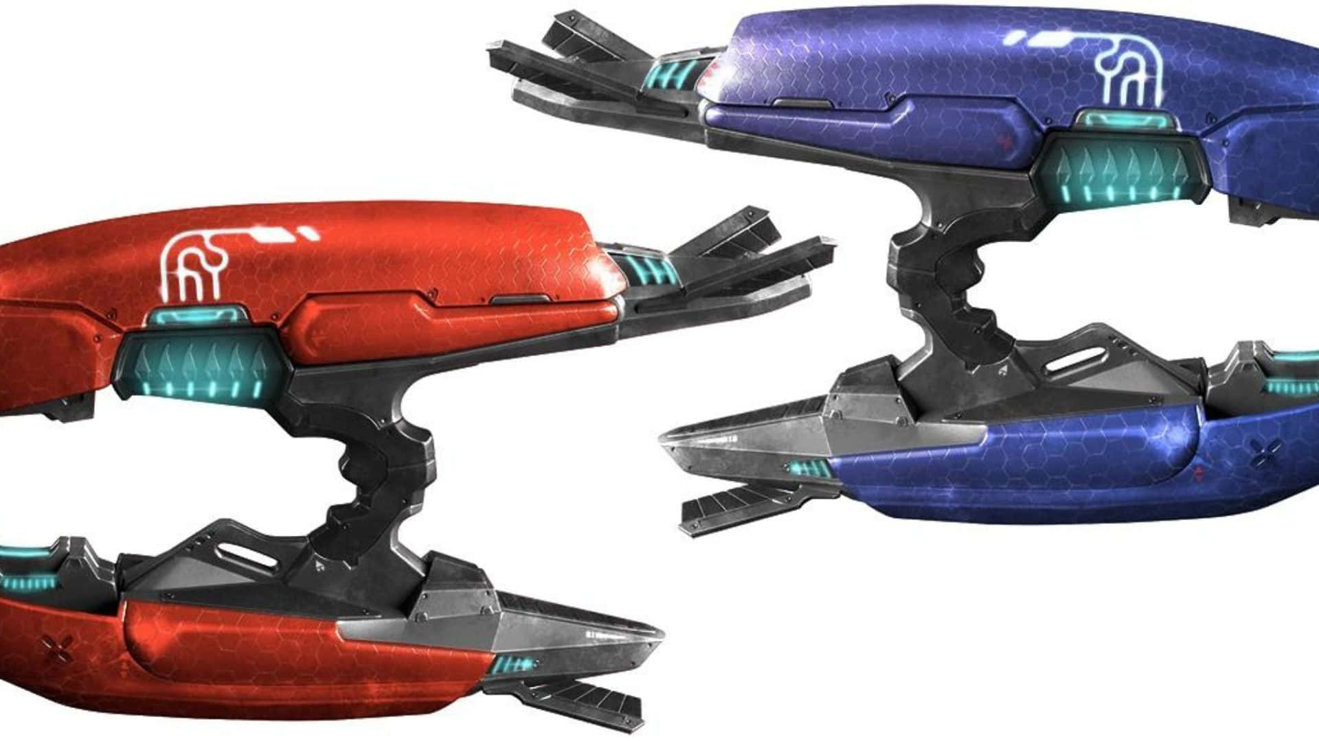 Plasma Rifle 桌布 壁紙 — 兩款時尚的未來科幻武器，帶有紅色和藍色六角形紋理及發光的青綠色點綴。