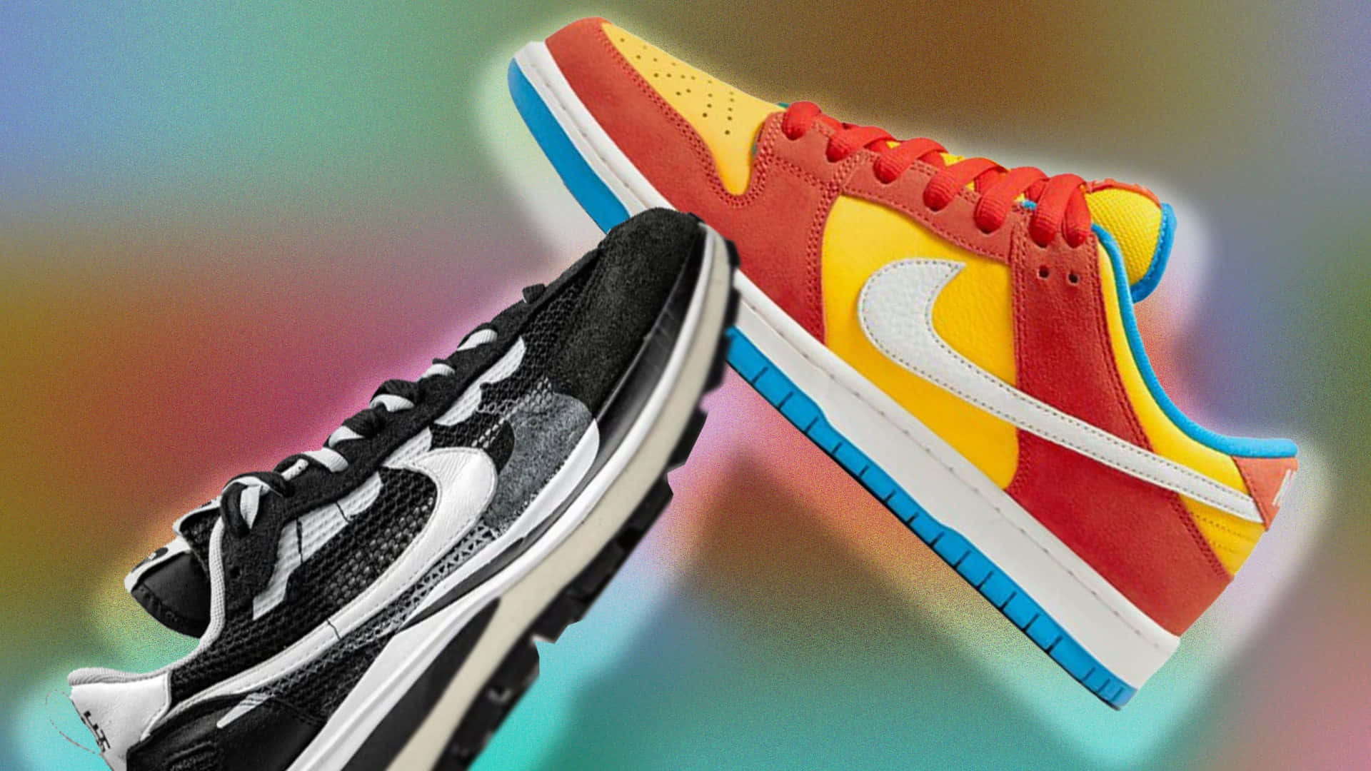 Sneaker 桌布 壁紙 — 兩款時尚運動鞋，一款黑白相間，另一款紅黃藍相間，漂浮在充滿活力的彩虹漸變背景上。