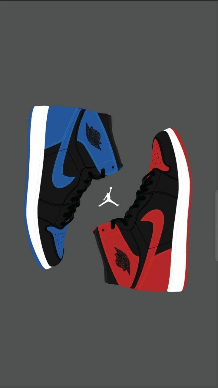 Nike Air Jordan 1 桌布 壁紙 — 兩款標誌性高筒運動鞋，一藍一紅，白色鞋底，漂浮在深灰色背景上。