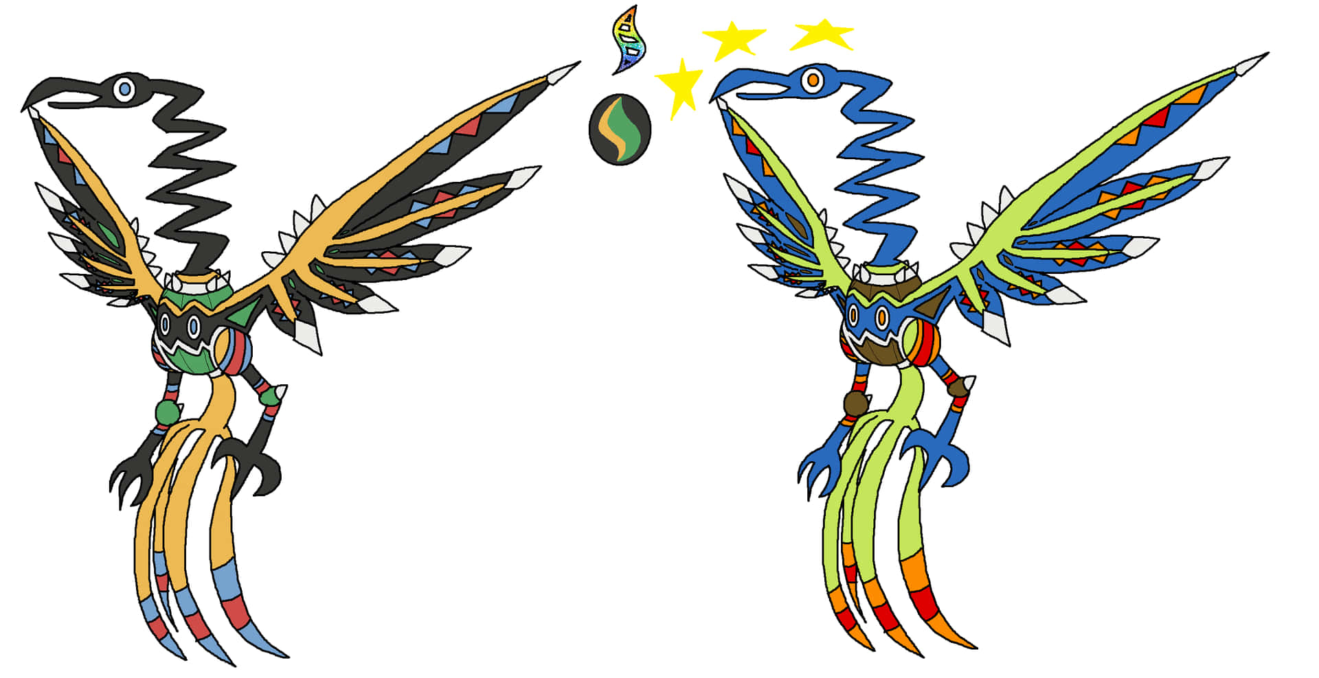兩隻色彩繽紛的插圖鳥類生物面對面，中間有星星和一個球體。