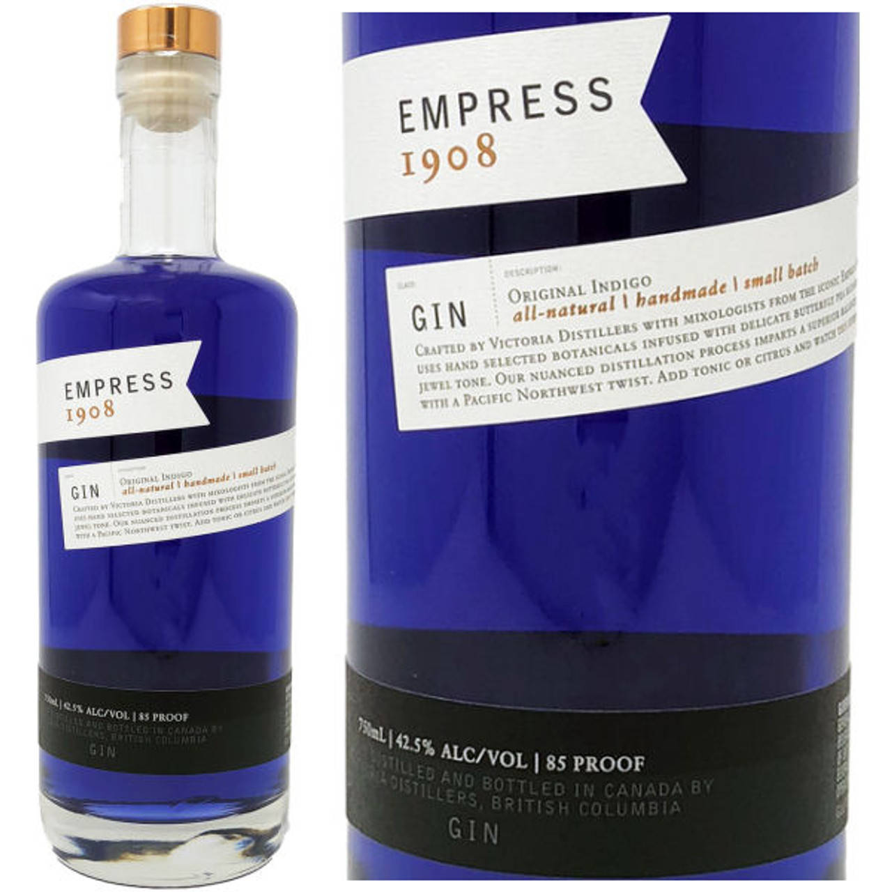 藍色氈酒瓶，標有 Empress 1908，帶金色瓶蓋和白色文字。