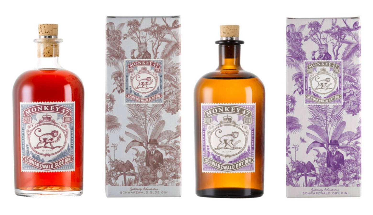 Monkey 47 Sloe Gin Schwarzwald Dry 壁紙 — 兩瓶Monkey 47氈酒，配有軟木塞和相配的裝飾盒，盒上印有叢林插圖和猴子標誌。