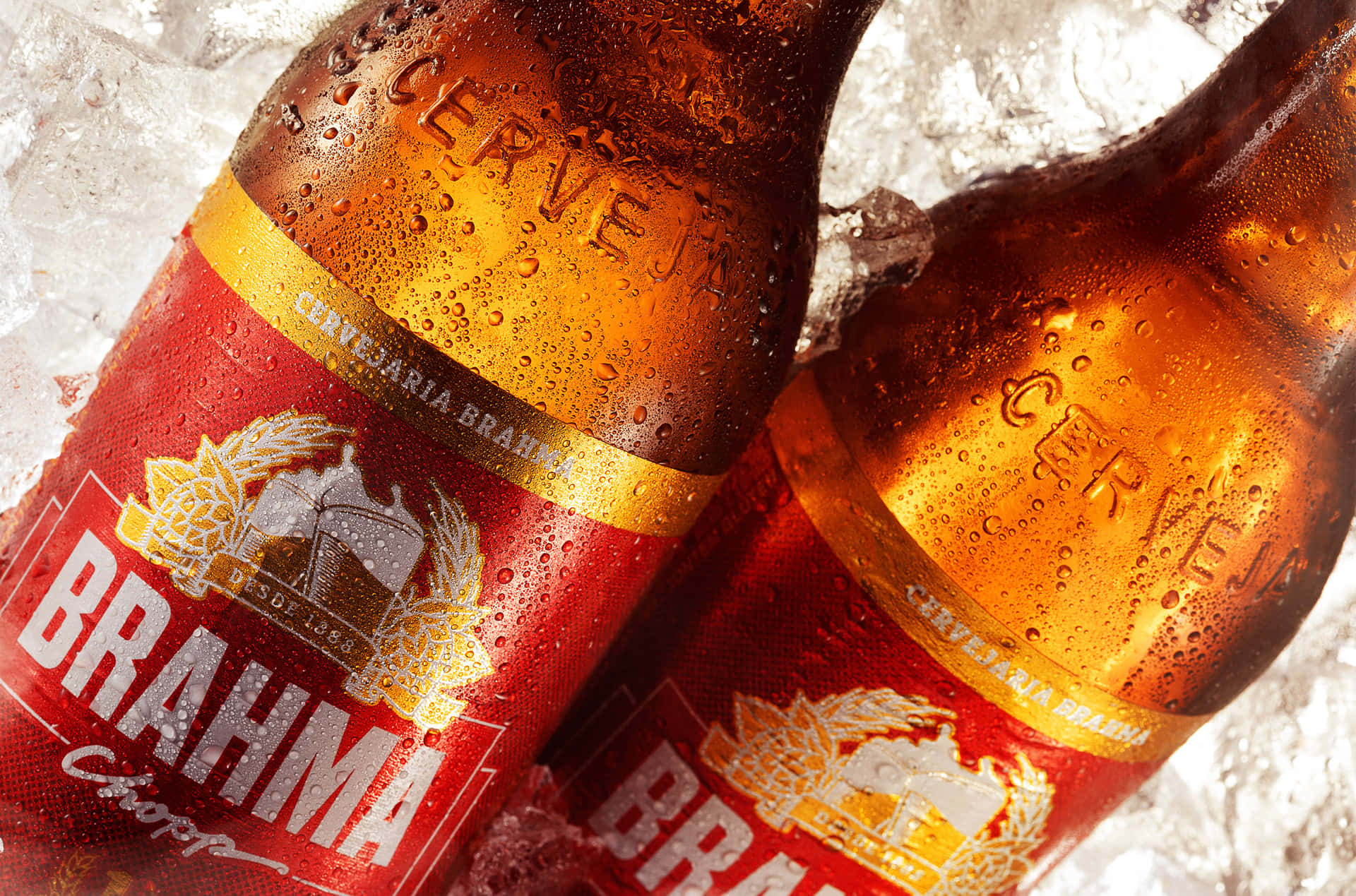 兩瓶冰凍的 Brahma 啤酒放在冰中，清涼解渴。