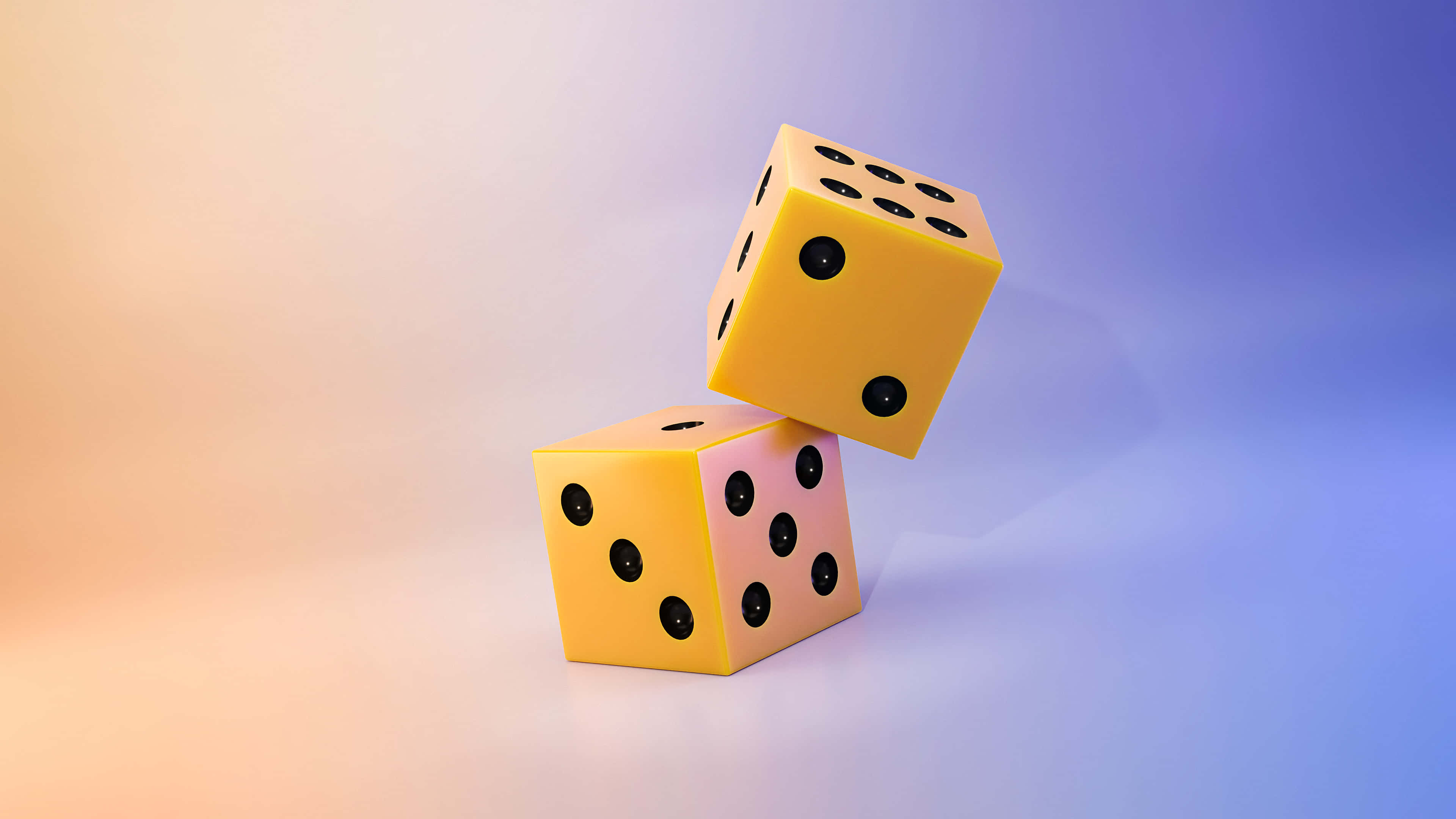 3d Graphics 桌布 壁紙 — 兩粒光澤黃色骰子正在滾動，背景是暖橙色和冷藍色的柔和漸變。