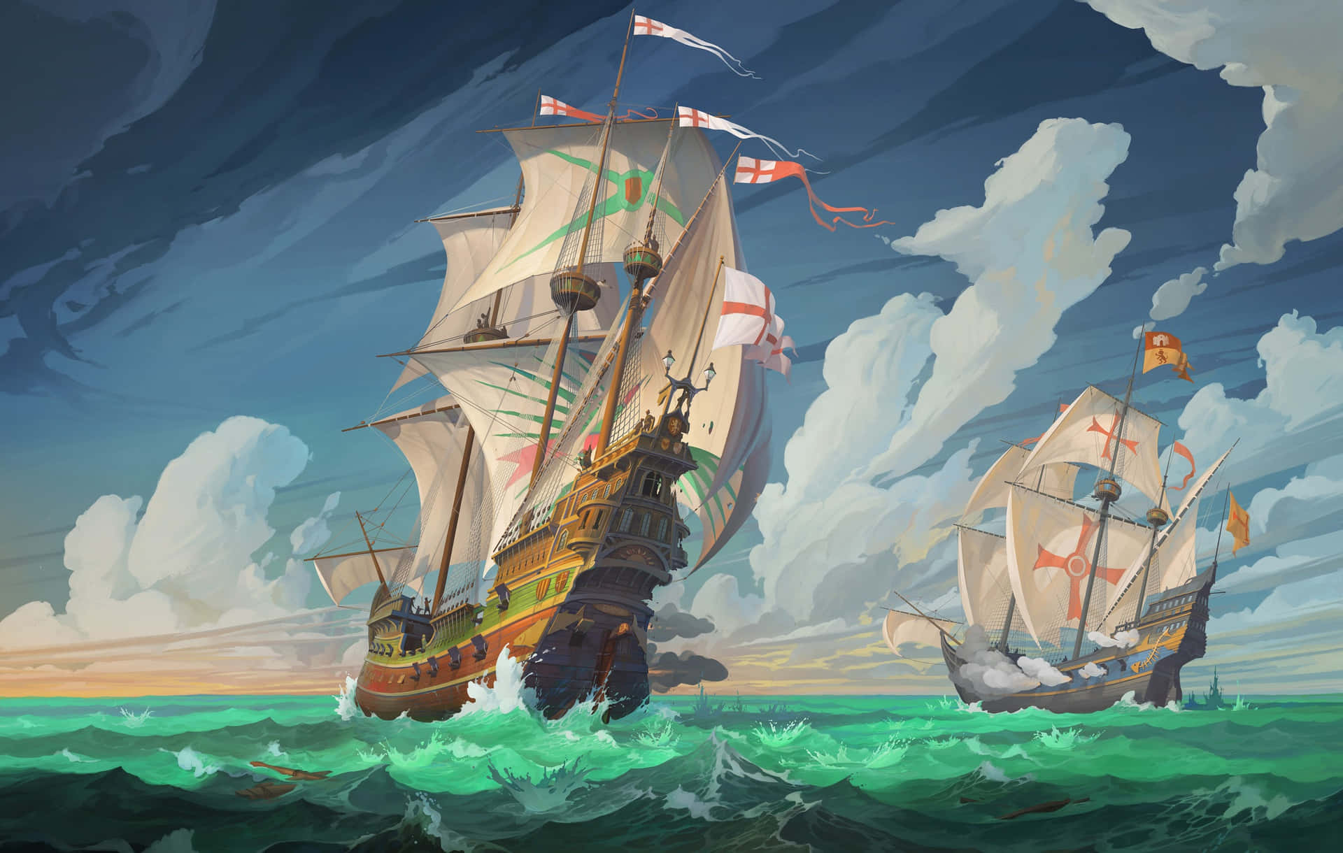 Ship 桌布 壁紙 — 兩艘大型帆船在日落時分，在戲劇性的多雲天空下，鼓起風帆，在洶湧的綠色海水中奮力前行。