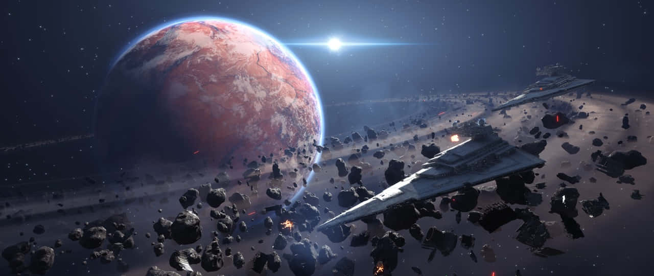 Star Wars Games 桌布 壁紙 — 兩艘星際戰機喺明亮恆星下，喺一個岩石小行星帶近住一個偏紅色行星航行。
