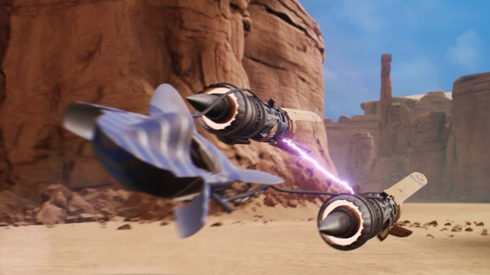 Podracing 桌布 壁紙 — 兩艘未來風格的太空船在晴朗藍天下，於沙漠峽谷中以高速戰鬥，發射能量光束。