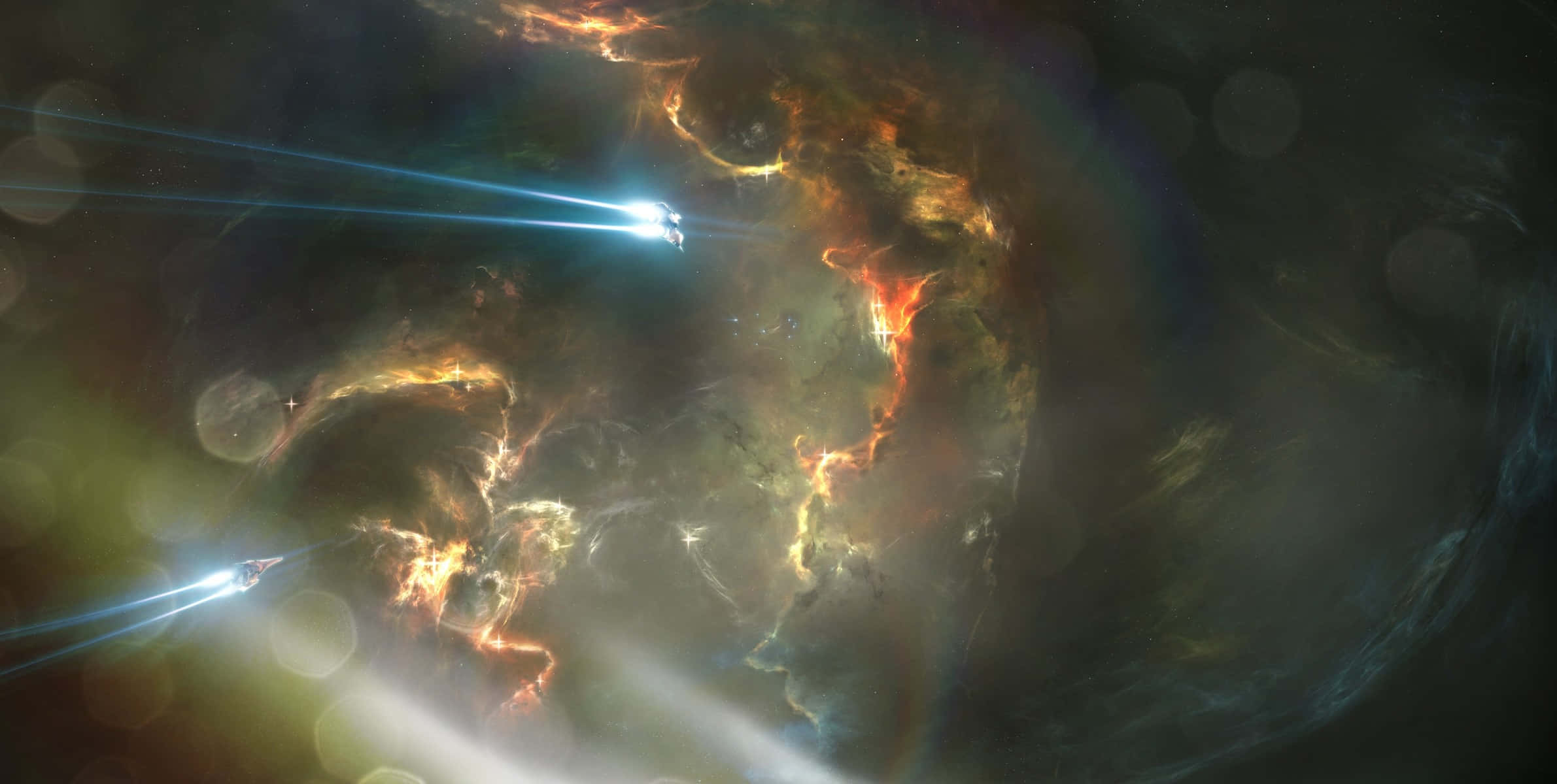 dark matter 桌布 壁紙 — 兩艘發光的太空船劃過充滿活力的宇宙星雲，留下火橙色和電光藍色的光跡。