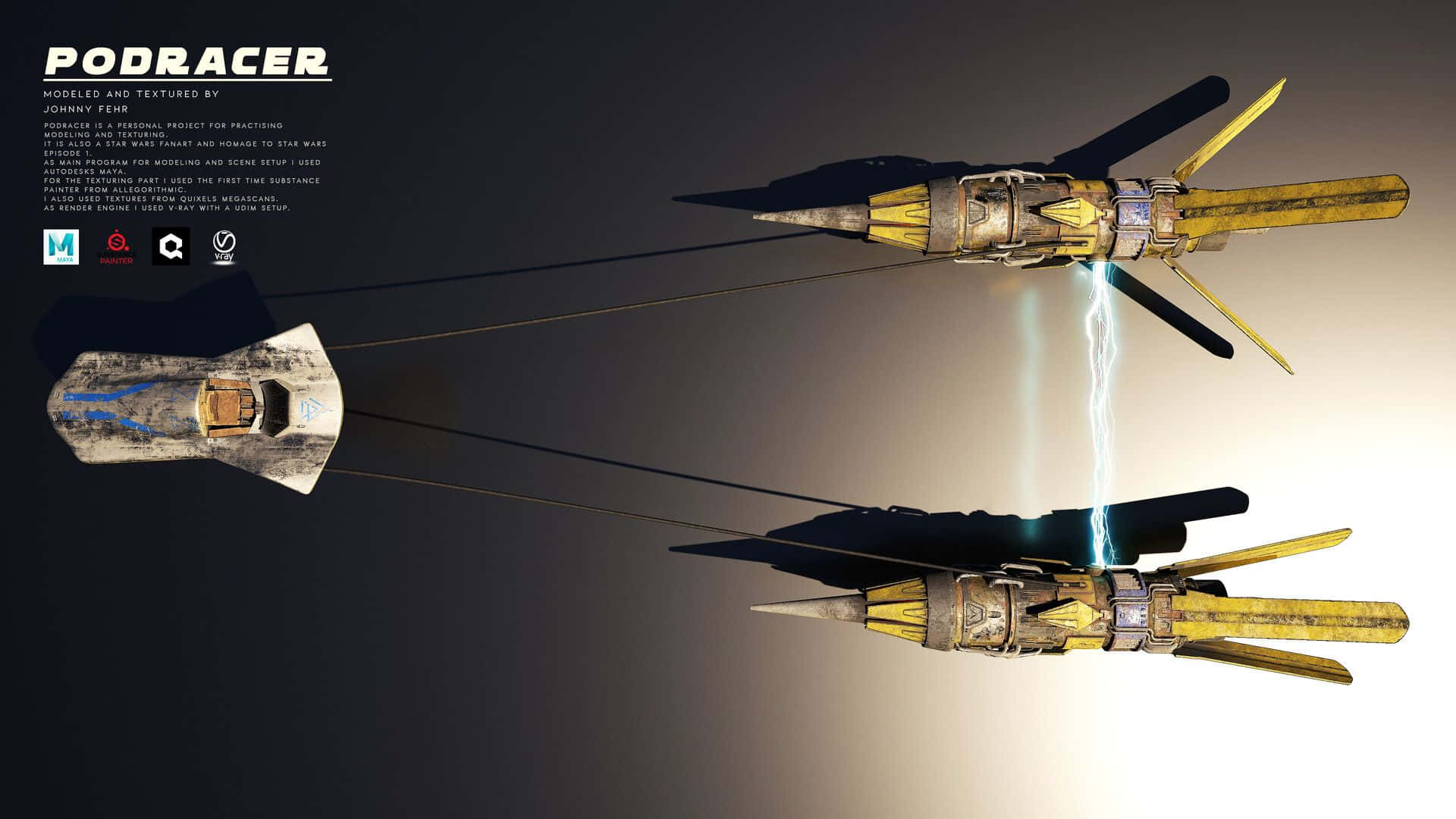 Podracing 桌布 壁紙 — 兩艘風化的飛梭賽艇太空船在昏暗的攝影棚中懸浮，並有發光的藍色能量閃電連接它們。