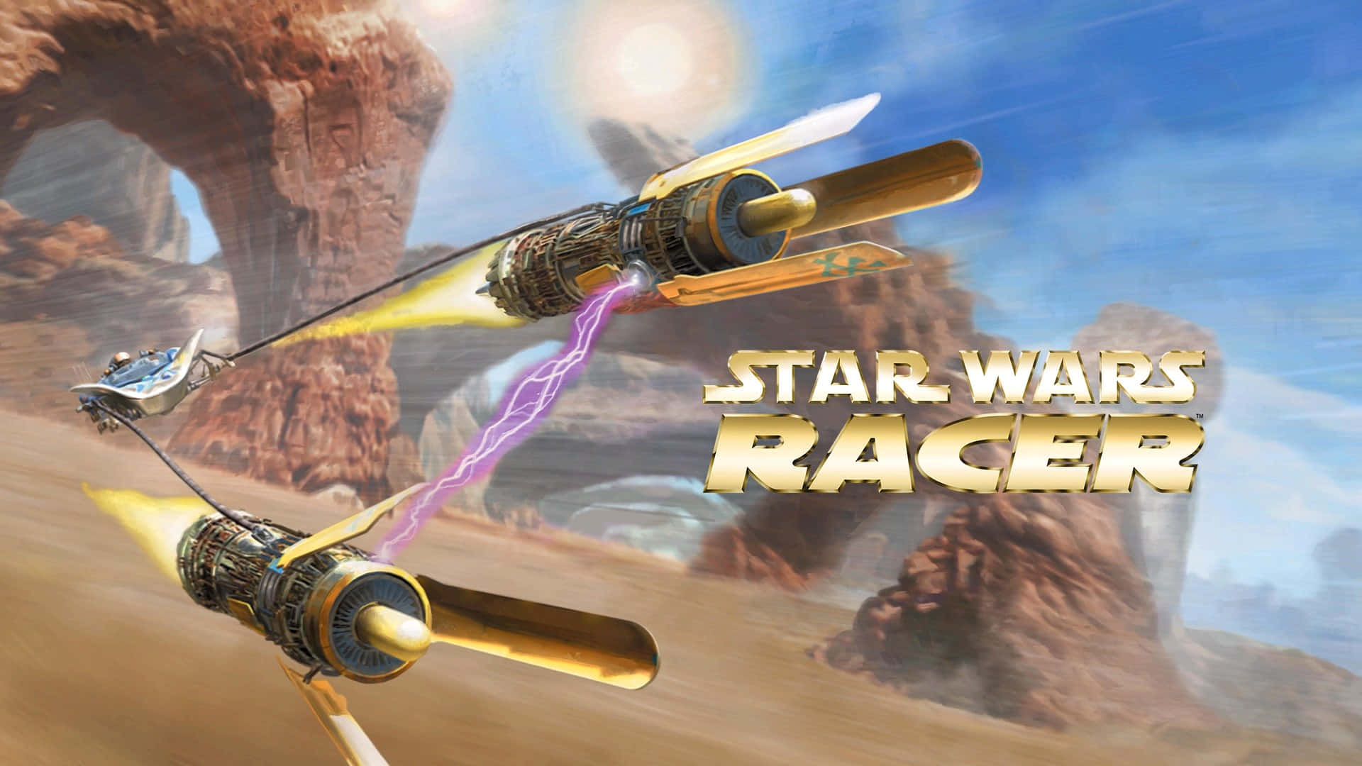 Podracing 桌布 壁紙 — 兩艘飛梭賽艇在閃電軌跡和明亮太陽的照耀下，衝過沙漠峽谷。