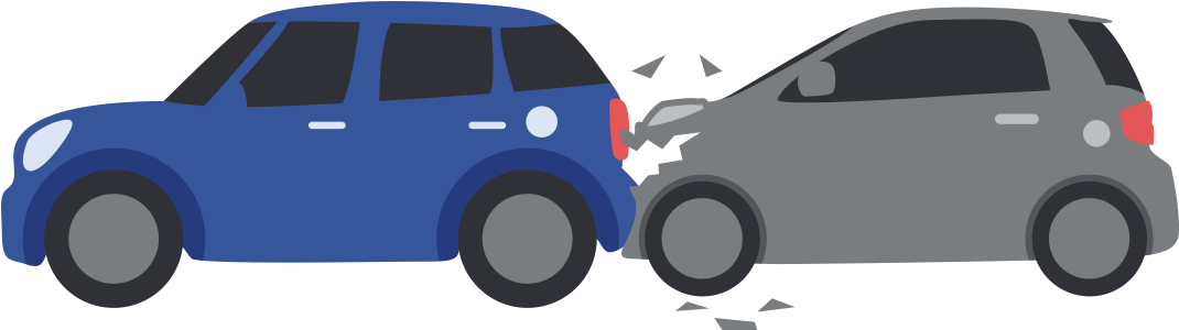 兩車碰撞插圖 壁紙 — 一輛藍色汽車與一輛灰色汽車相撞的卡通風格插圖，顯示可見的損壞和破碎的碎片。