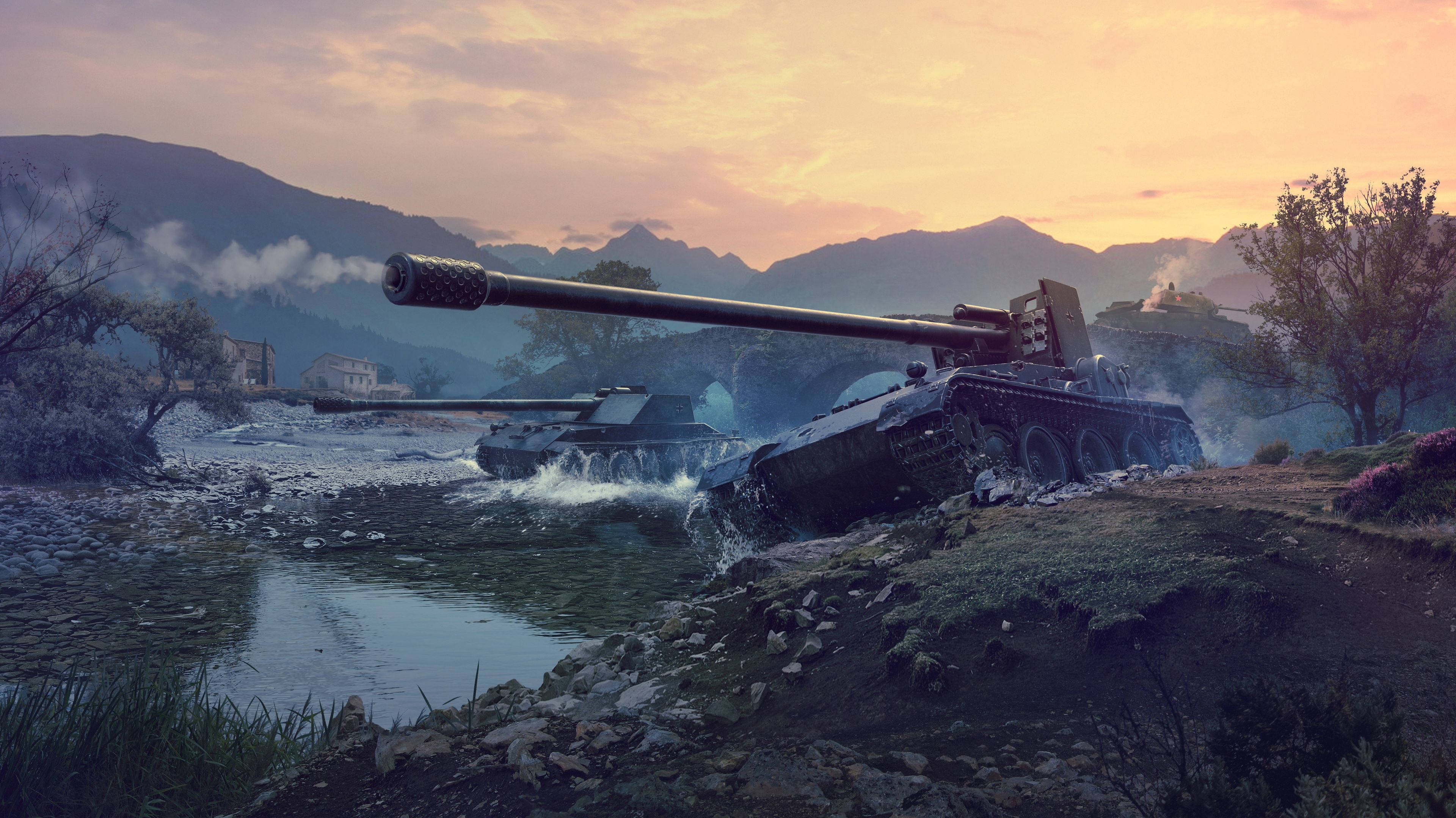 World of Tanks Grille 15 壁紙 — 兩輛坦克在日落時分穿越岩石河流，背景有山脈和煙霧。