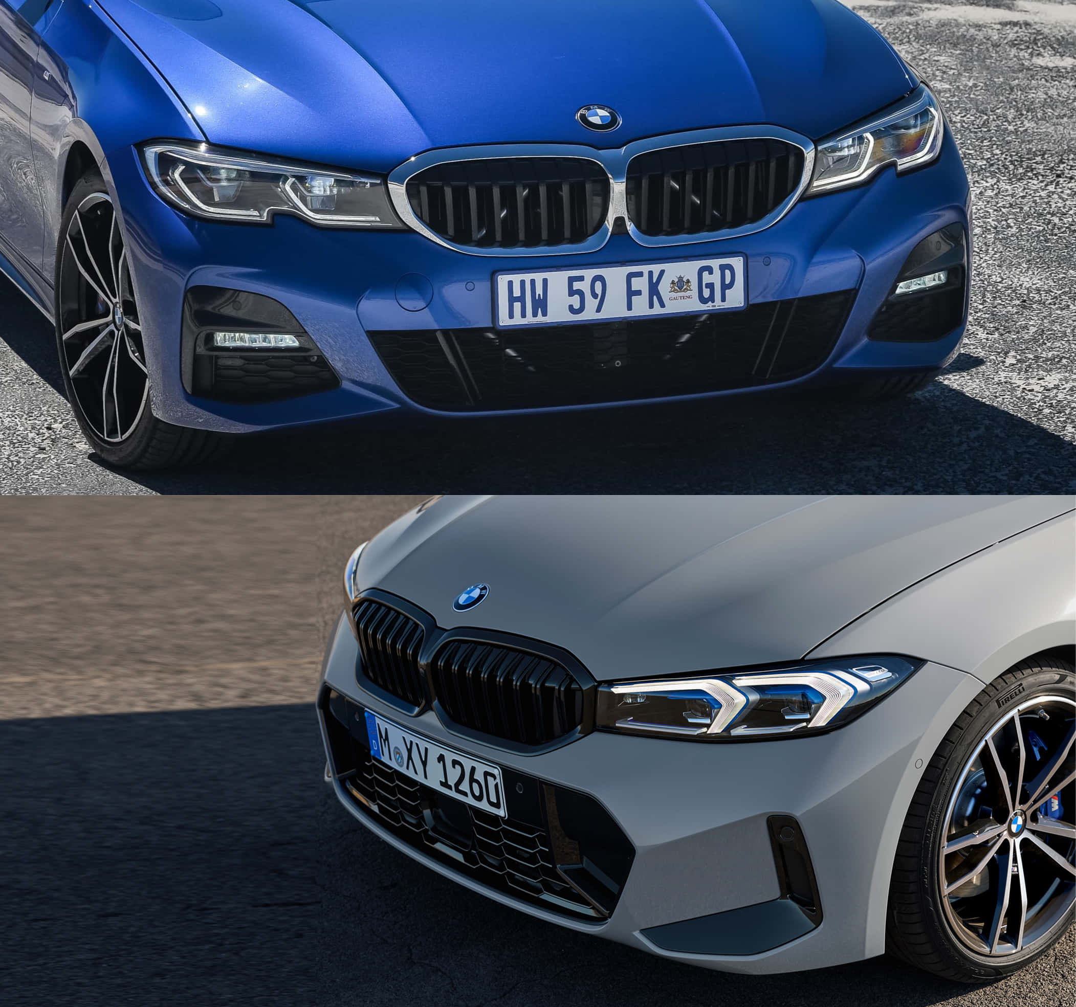 Bmw 3 Series 桌布 壁紙 — 兩輛寶馬汽車正面視圖，一藍一灰，停泊在瀝青路上，陽光普照。
