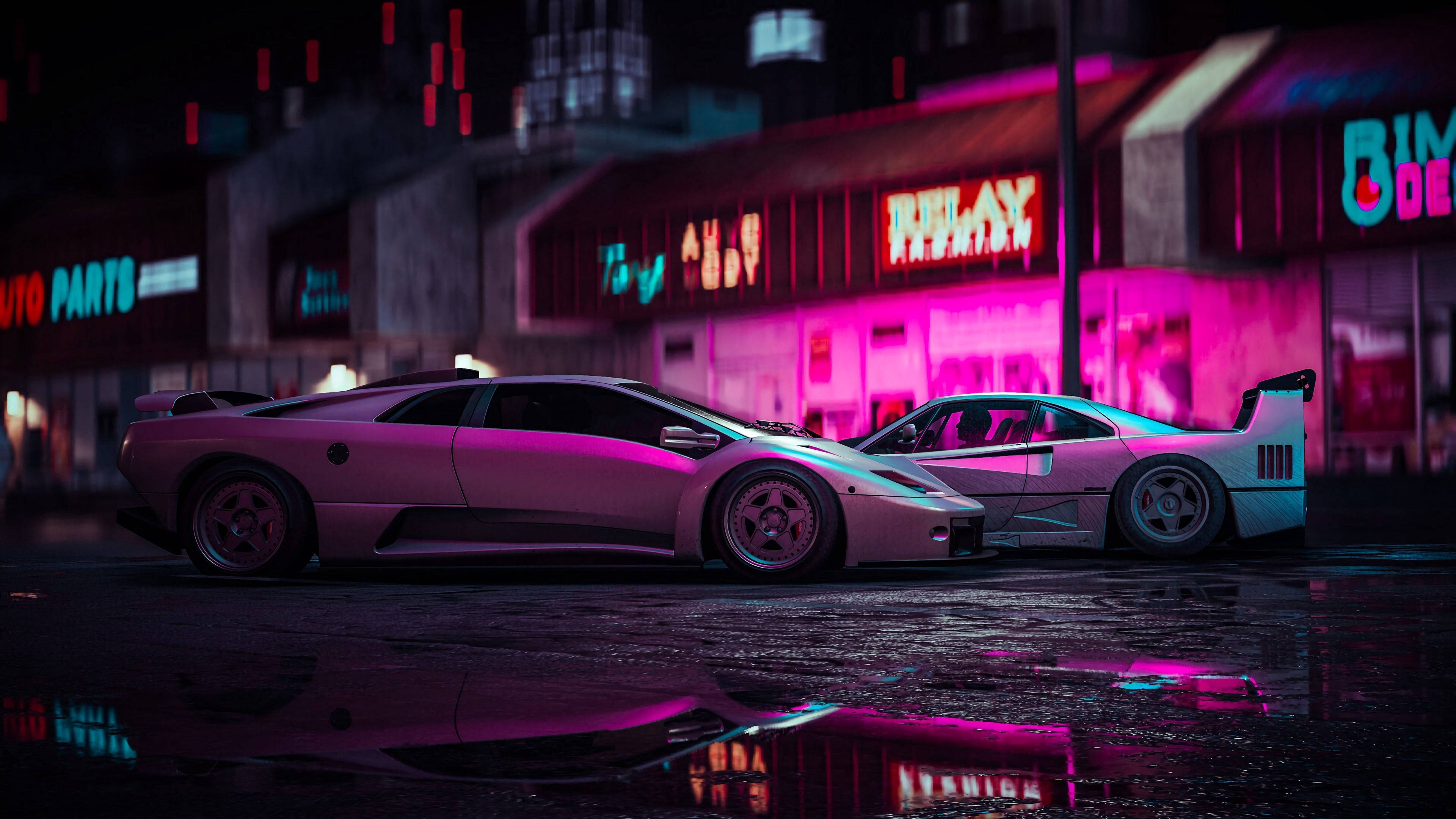Jdm 美學 桌布 壁紙 — 兩輛時尚跑車在霓虹燈下閃閃發光，濕漉漉的城市街道反射出鮮豔的粉紅色和藍色色調。