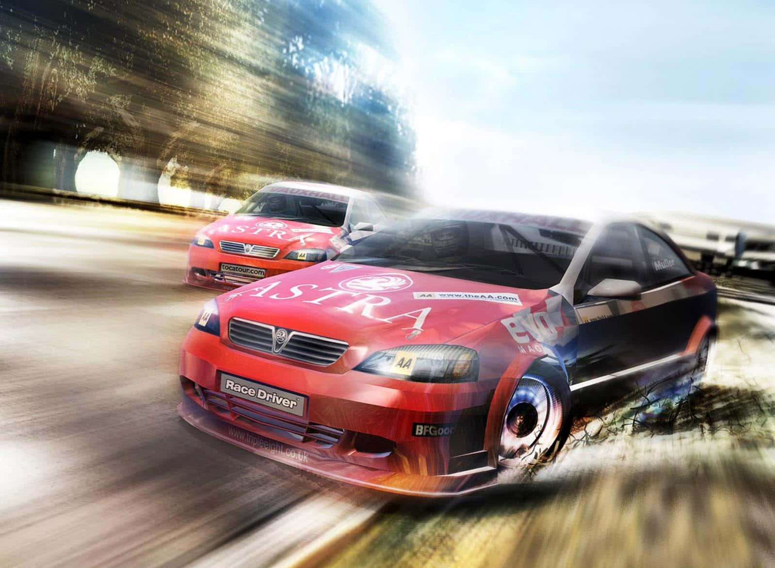 Racing Games 桌布 壁紙 — 兩輛紅色賽車在隧道中高速行駛，帶有動態模糊和發光的車頭燈。