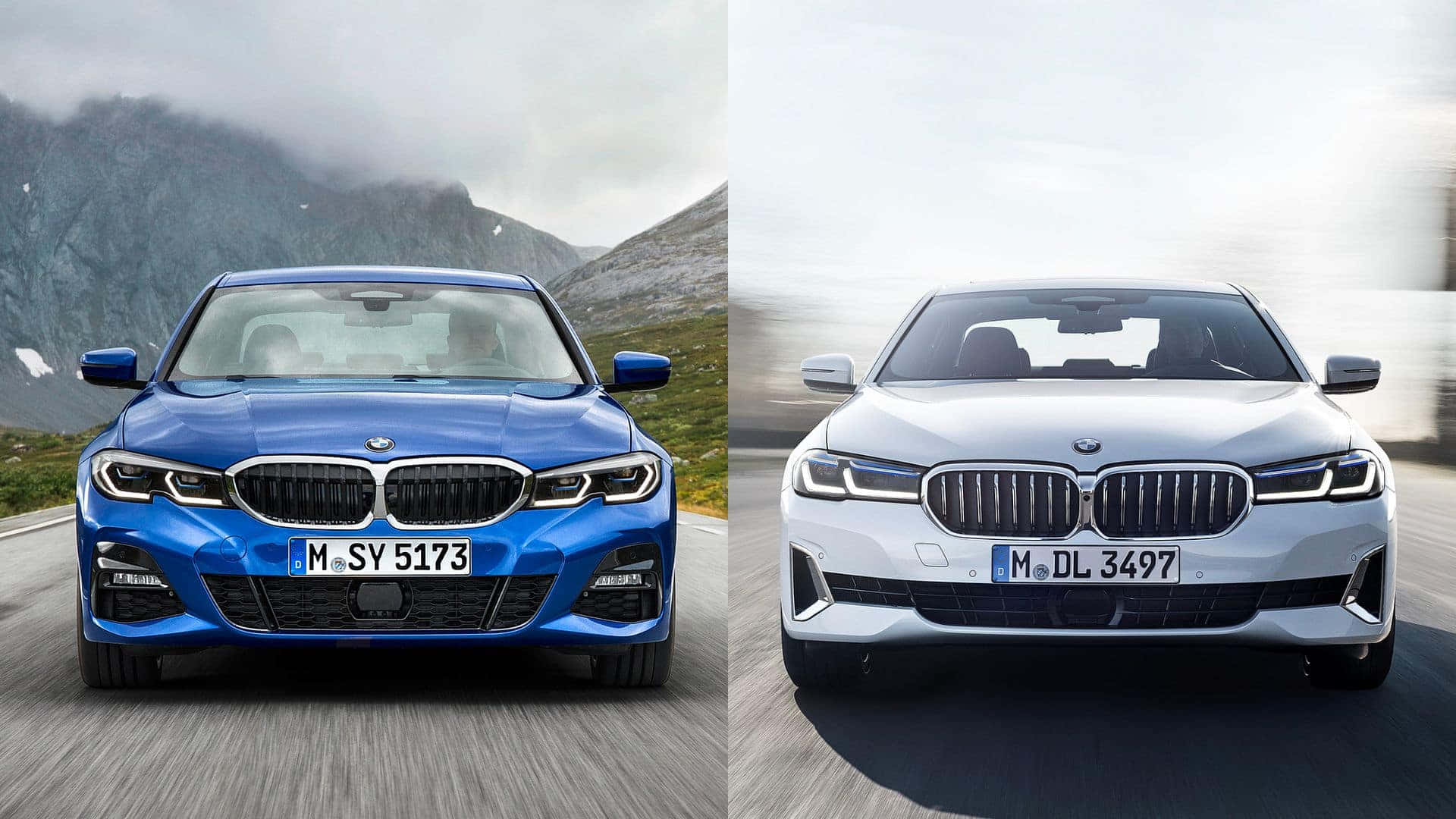 Bmw 3 Series 桌布 壁紙 — 兩輛藍色和白色的BMW房車在蜿蜒的山路上向前行駛，背景有模糊的動態和霧氣繚繞的山峰。