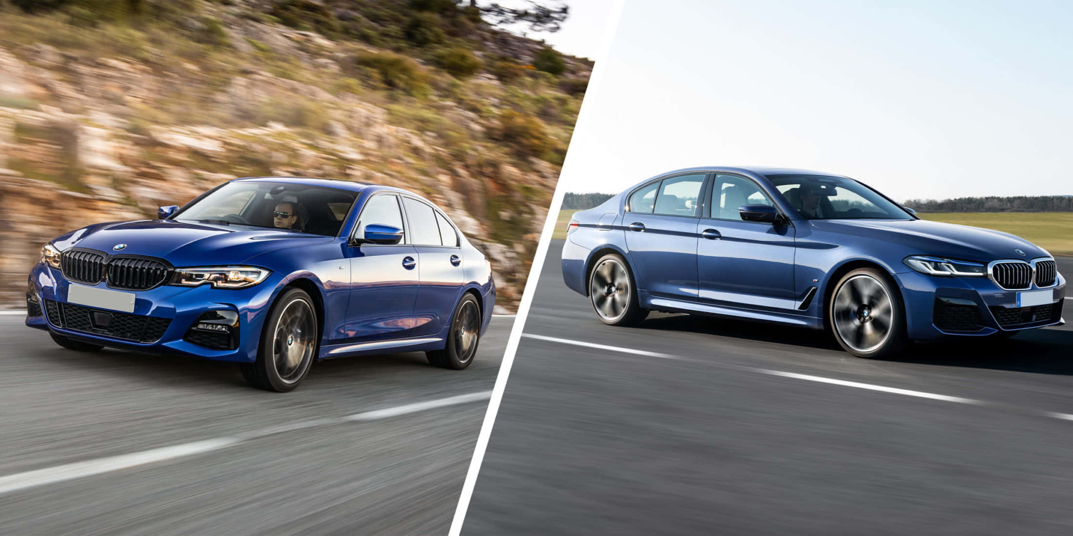 Bmw 3 Series 桌布 壁紙 — 兩輛藍色寶馬房車分別在兩條道路上飛馳，一輛穿越岩石地形，另一輛在開闊的高速公路上。