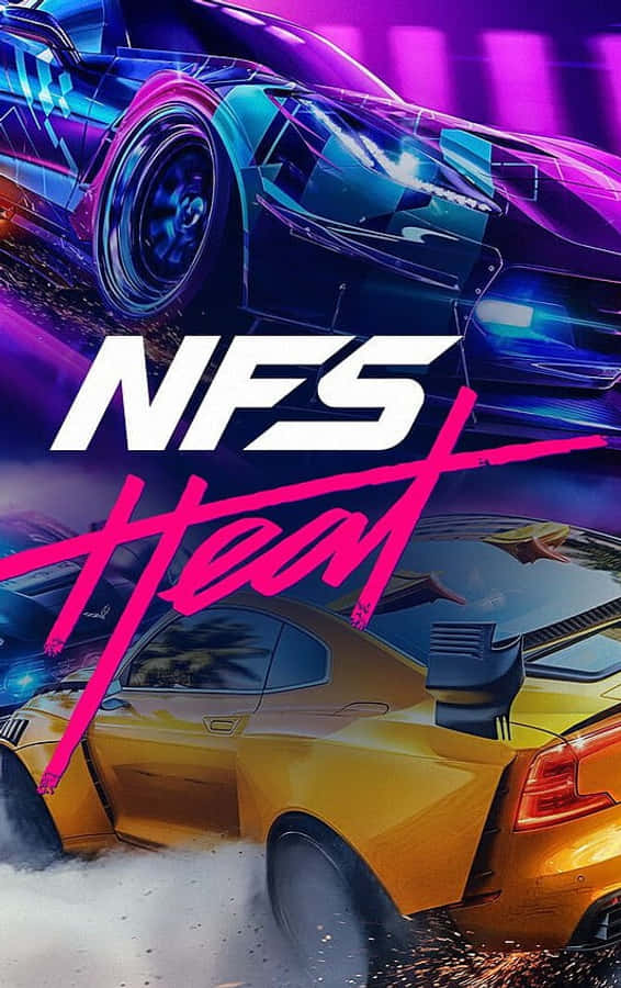 兩輛賽車 Pixel 3《Need for Speed Heat》背景 壁紙 — 兩輛高速跑車在霓虹燈照亮、帶有紫色和藍色光芒的城市峽谷中競速。