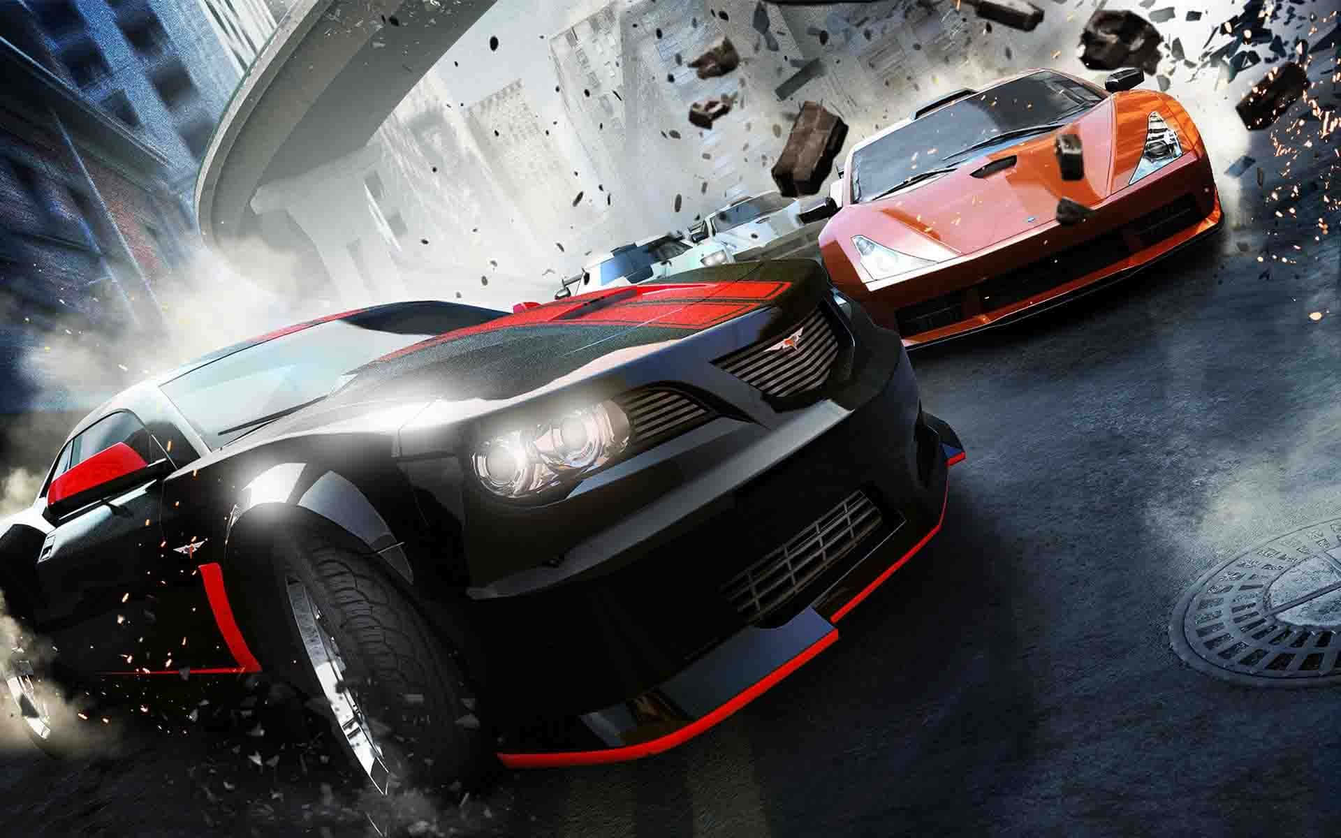 Racing Games 桌布 壁紙 — 兩輛高速跑車在碎石飛揚、車頭燈閃爍的 crumbling 城市街道上奔馳。