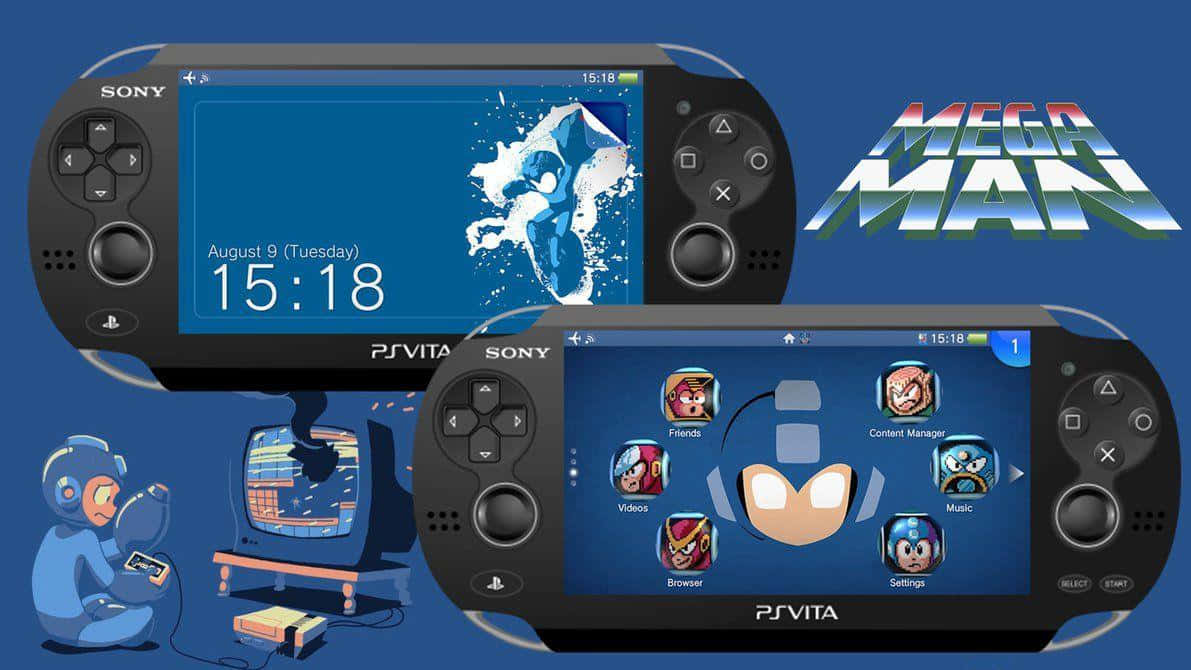 Ps Vita 桌布 壁紙 — 兩部 PS Vita 主機顯示 Mega Man 遊戲，一個復古卡通 Mega Man 角色在復古電視上玩遊戲。