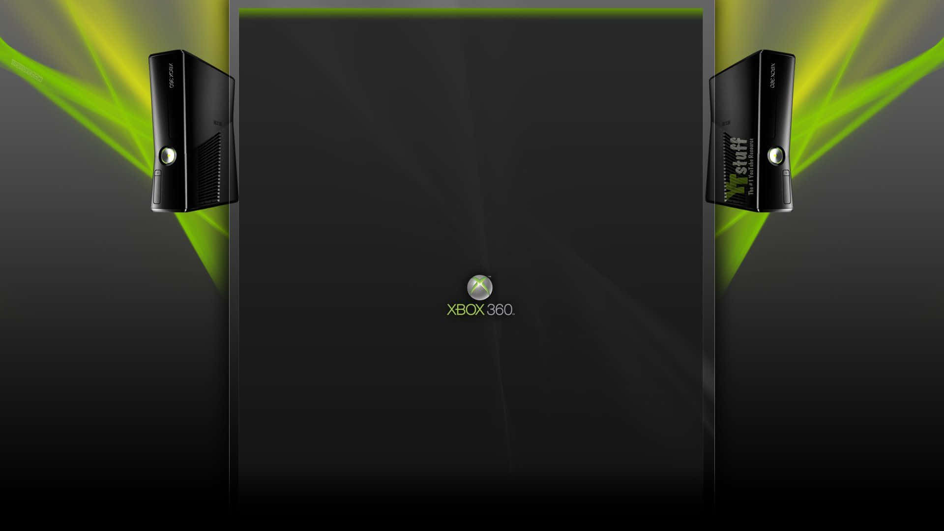 YouTube Gaming 桌布 壁紙 — 兩部 Xbox 360 主機分別位於中央屏幕兩側，屏幕顯示 Xbox 360 標誌，並有充滿活力的綠色光束向外放射。