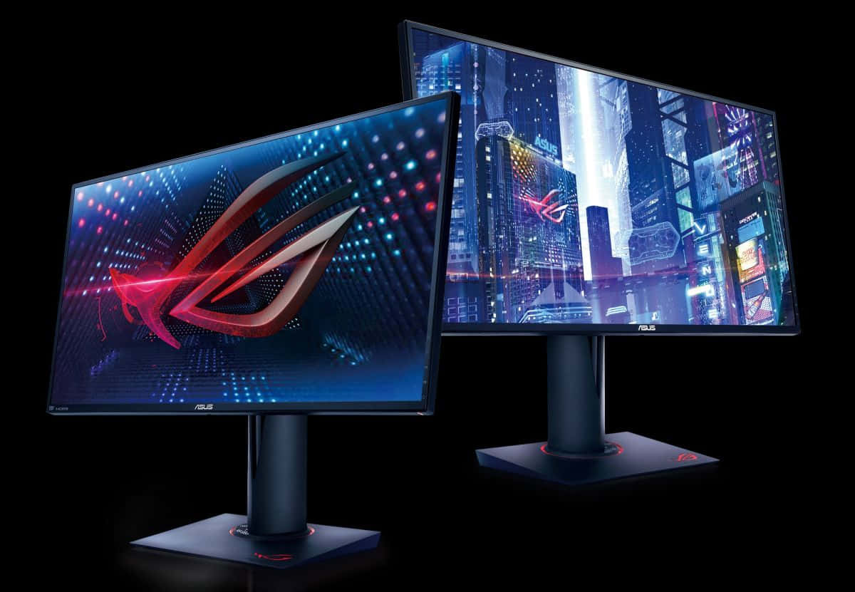 Gaming Monitors 桌布 壁紙 — 兩部ASUS ROG電競顯示器在黑色背景上展示充滿活力的數位藝術。