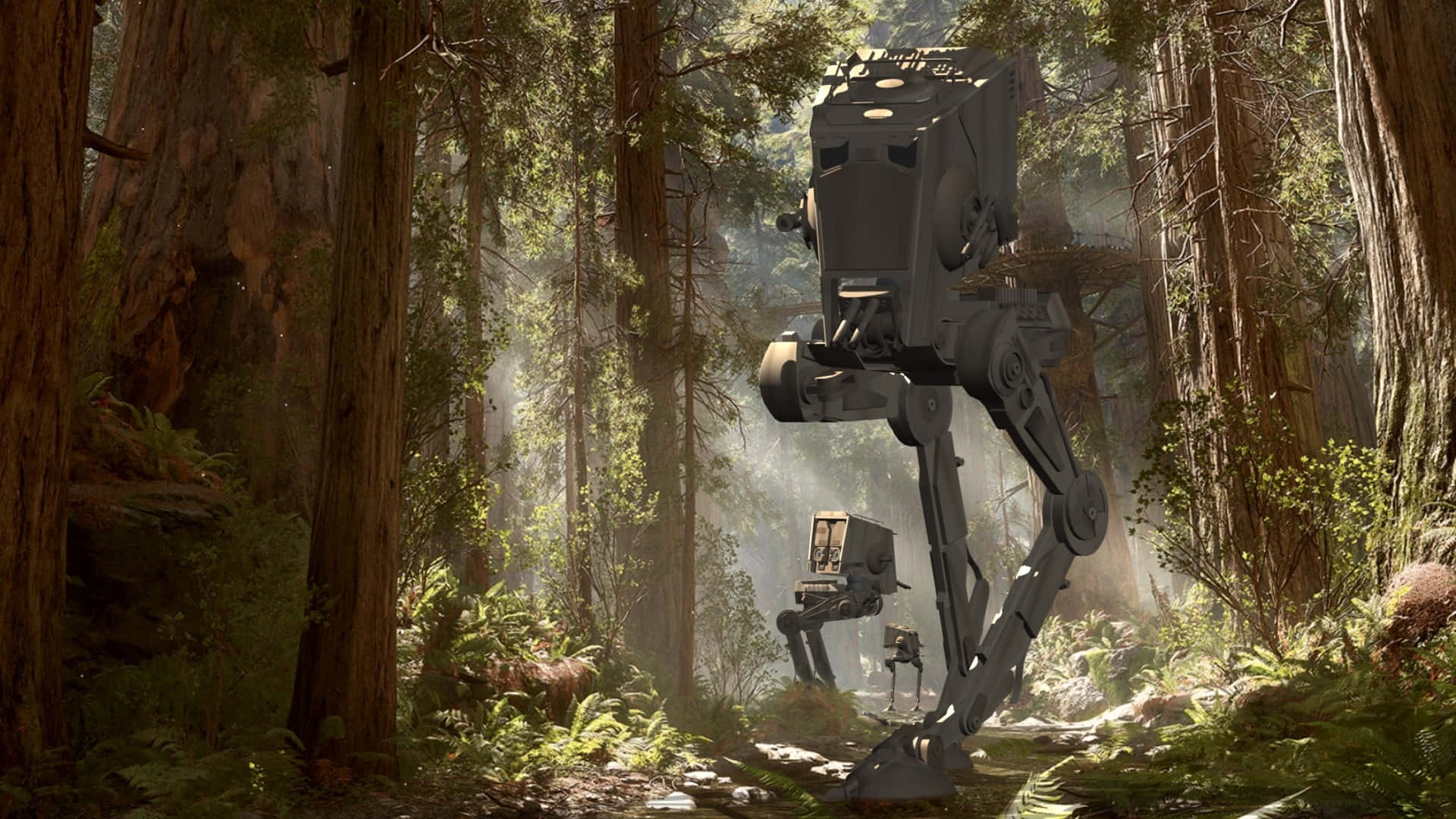 Endor 桌布 壁紙 — 兩部AT-ST步行機穿過陽光明媚的森林，森林中有高聳的樹木，斑駁的光線穿過茂密的樹葉。