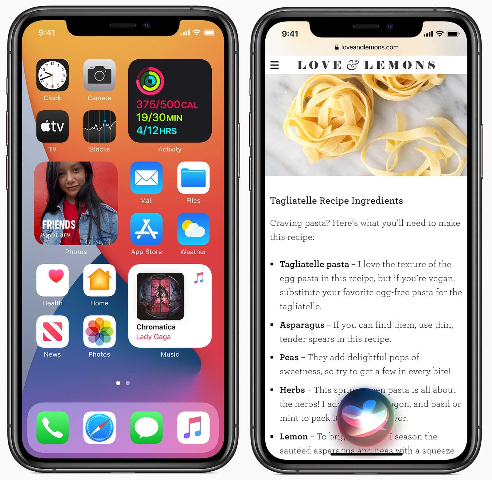 iPhone風格壁紙 桌布 壁紙 — 兩部iPhone並排放置，一部顯示帶有應用程式圖標和健身追蹤器的主屏幕，另一部顯示意大利麵食譜網頁。