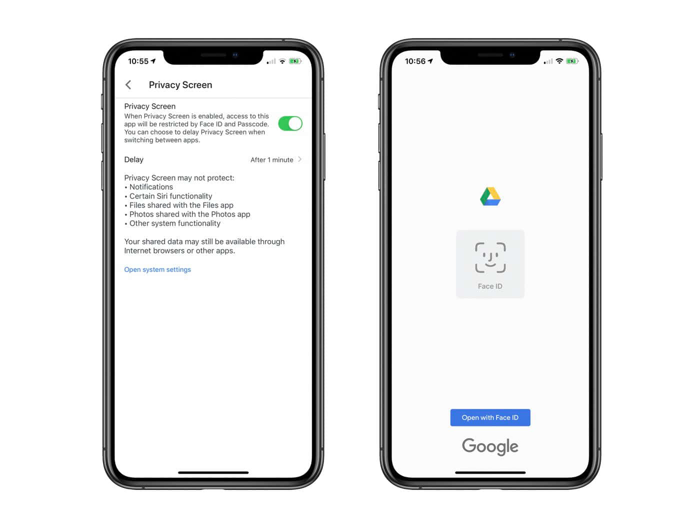 Face Id 桌布 壁紙 — 兩部iPhone並排放置，顯示私隱屏幕設定及使用Face ID的Google登入。