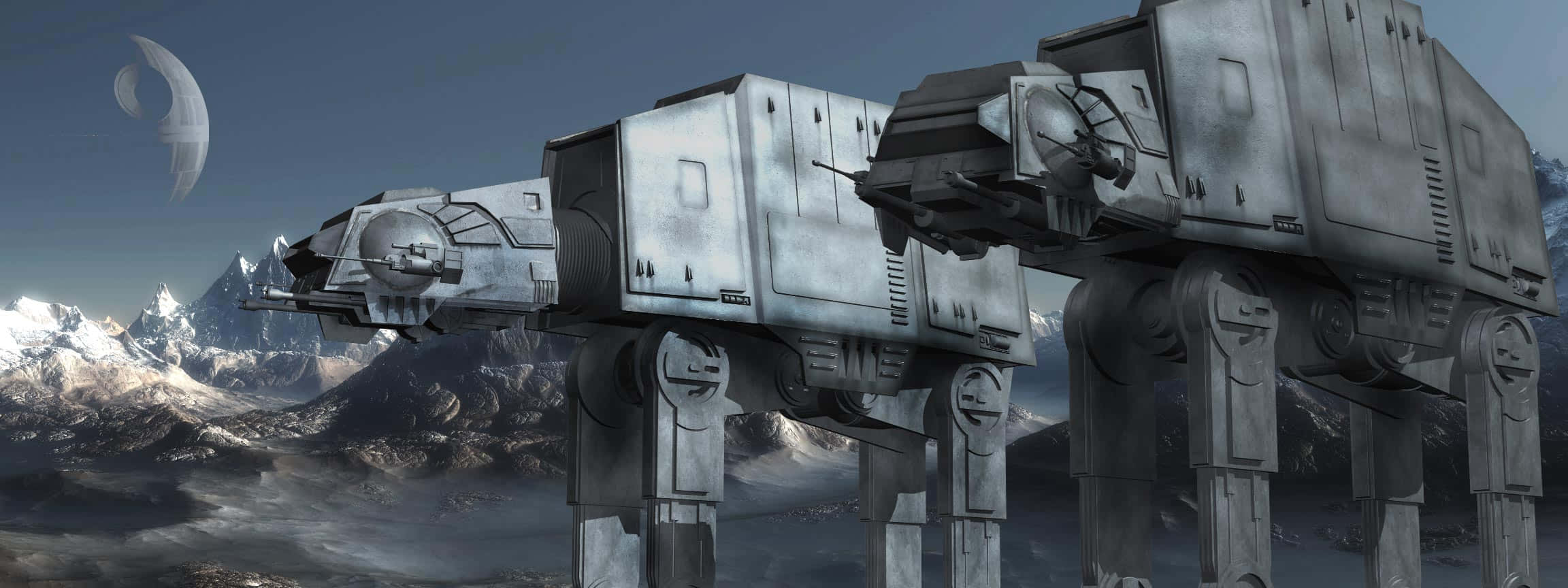 At-at 桌布 壁紙 — 兩部巨大的AT-AT步行機在積雪的山區景觀中巍然聳立，天空掛著一彎新月，暮色蒼茫。