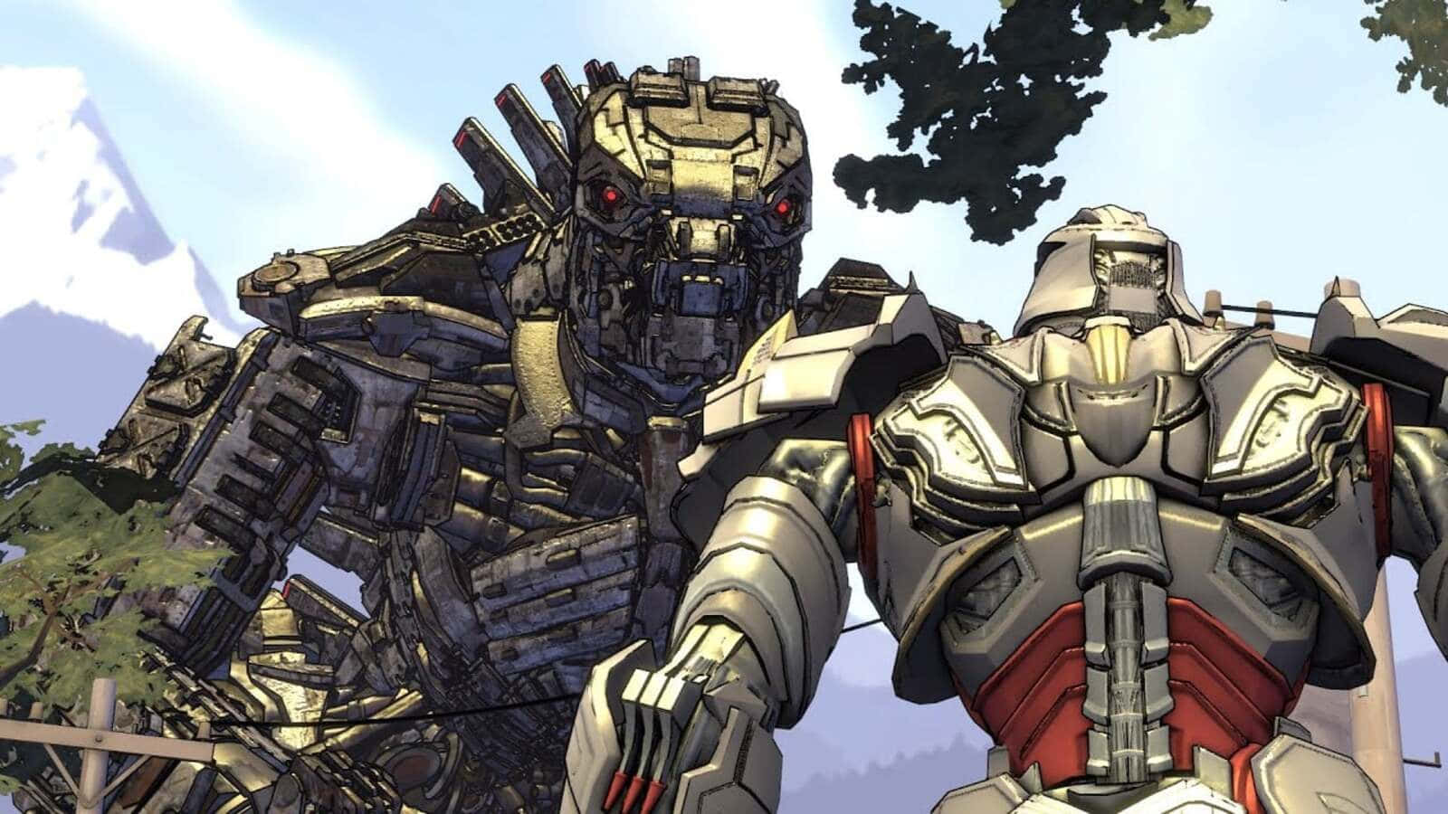 mechagodzilla 桌布 壁紙 — 兩部巨大的裝甲機械人站在山區景觀中，其中一部有發光的紅色眼睛，身後有煙霧升起。