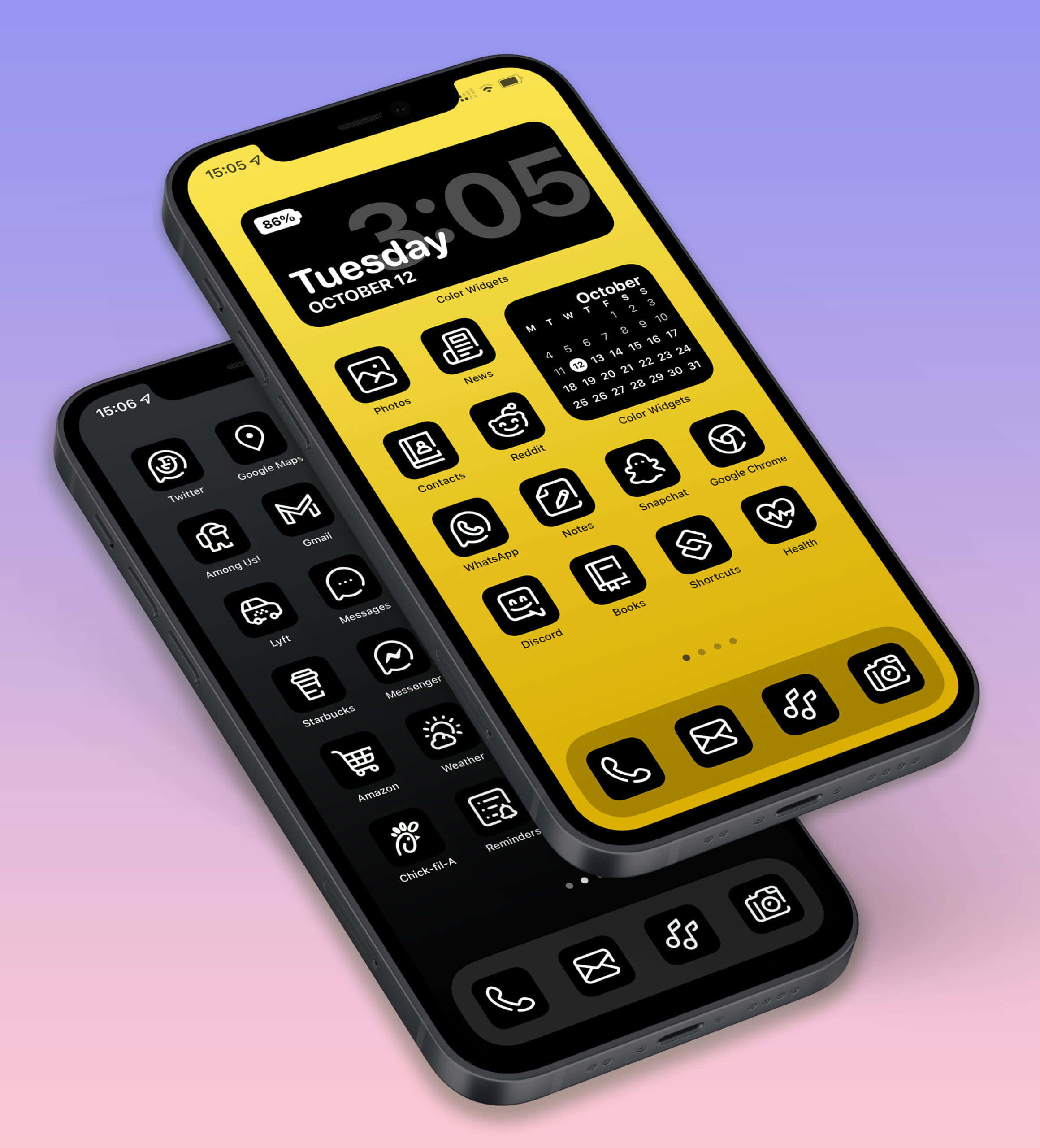 iPhone風格壁紙 桌布 壁紙 — 兩部智能手機在柔和的紫色漸變背景上顯示對比的黃色和黑色主屏幕及應用程式圖標。