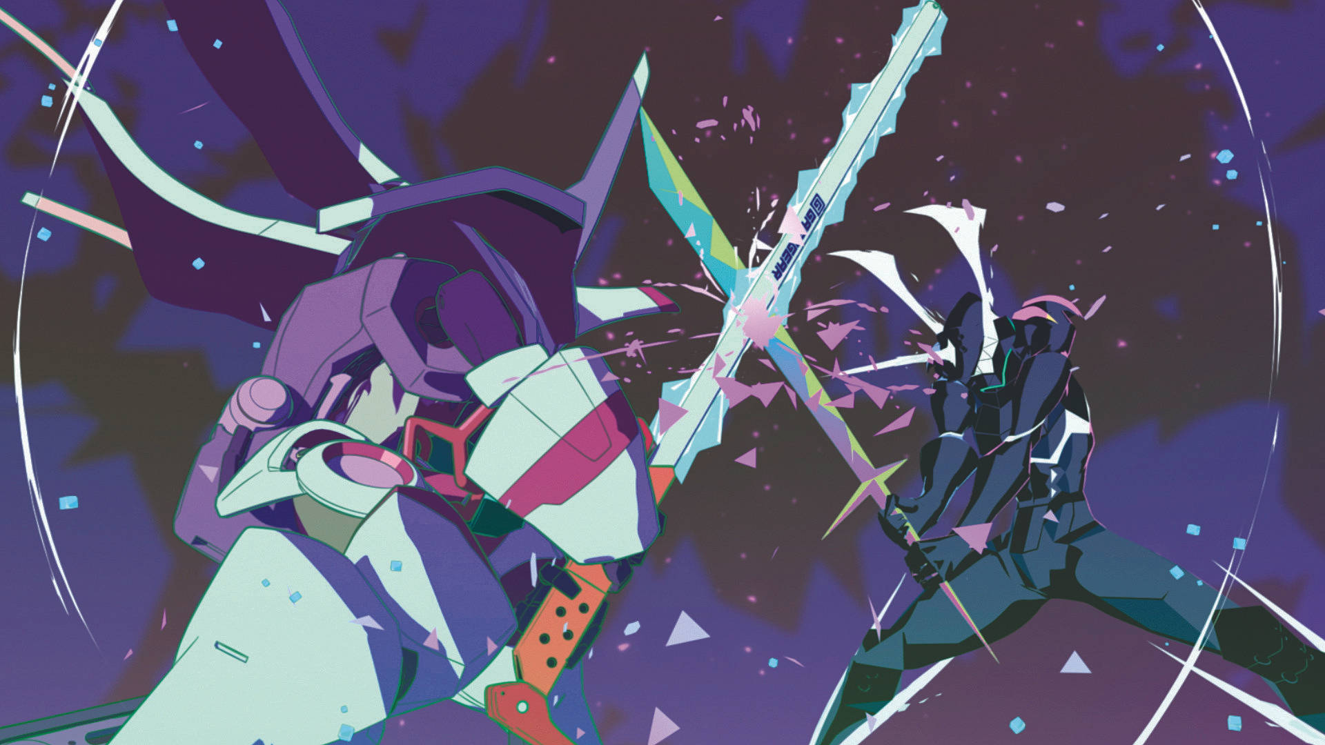 Purple Aesthetic Promare 壁紙 — 兩部機甲在動態動漫戰鬥中碰撞，伴隨著發光的刀片和破碎的幾何粒子，背景是深紫色的宇宙。