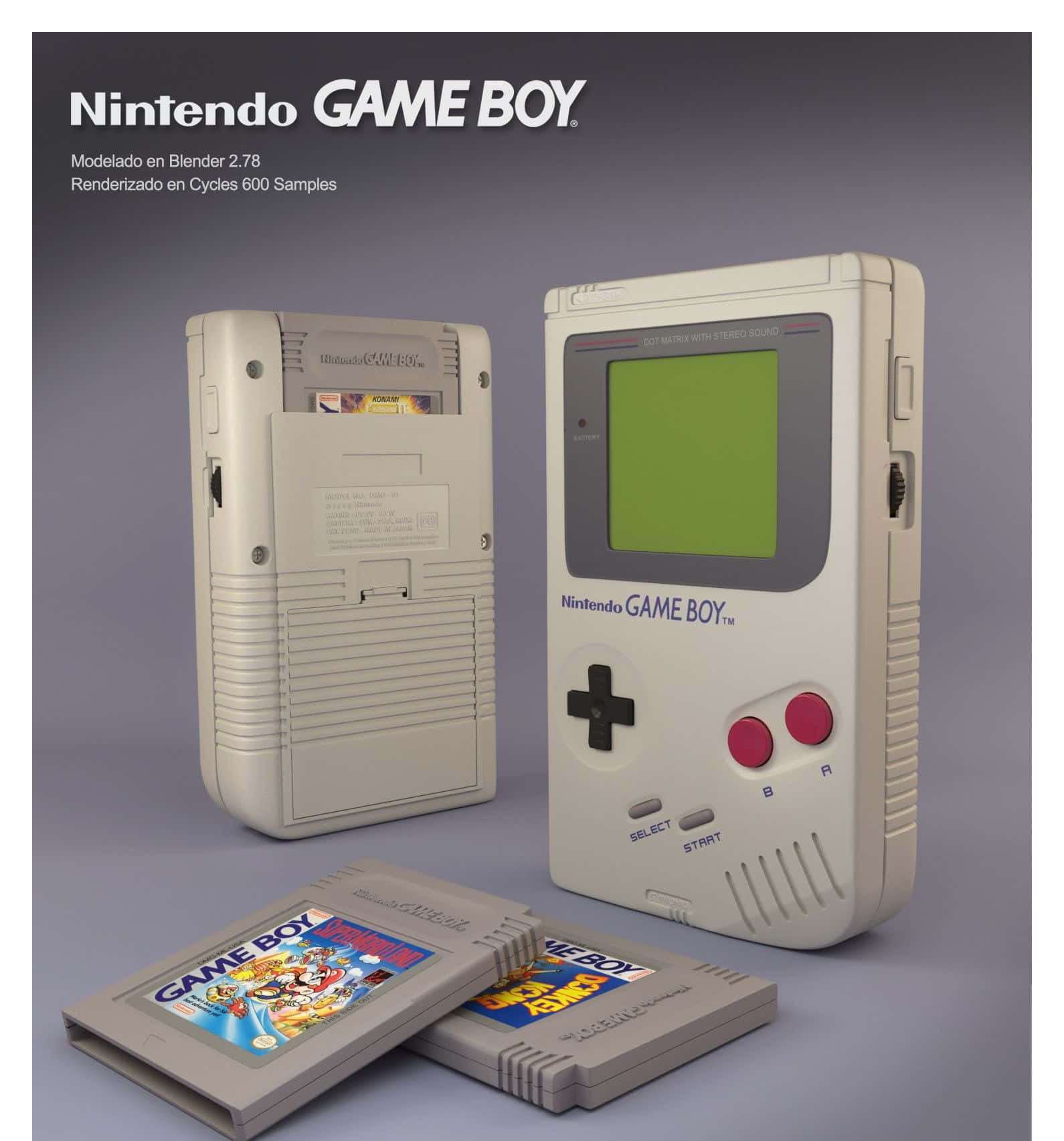 Game Console Emulators 桌布 壁紙 — 兩部米色 Nintendo Game Boy 主機及兩個遊戲卡帶，展示在灰色工作室背景前。