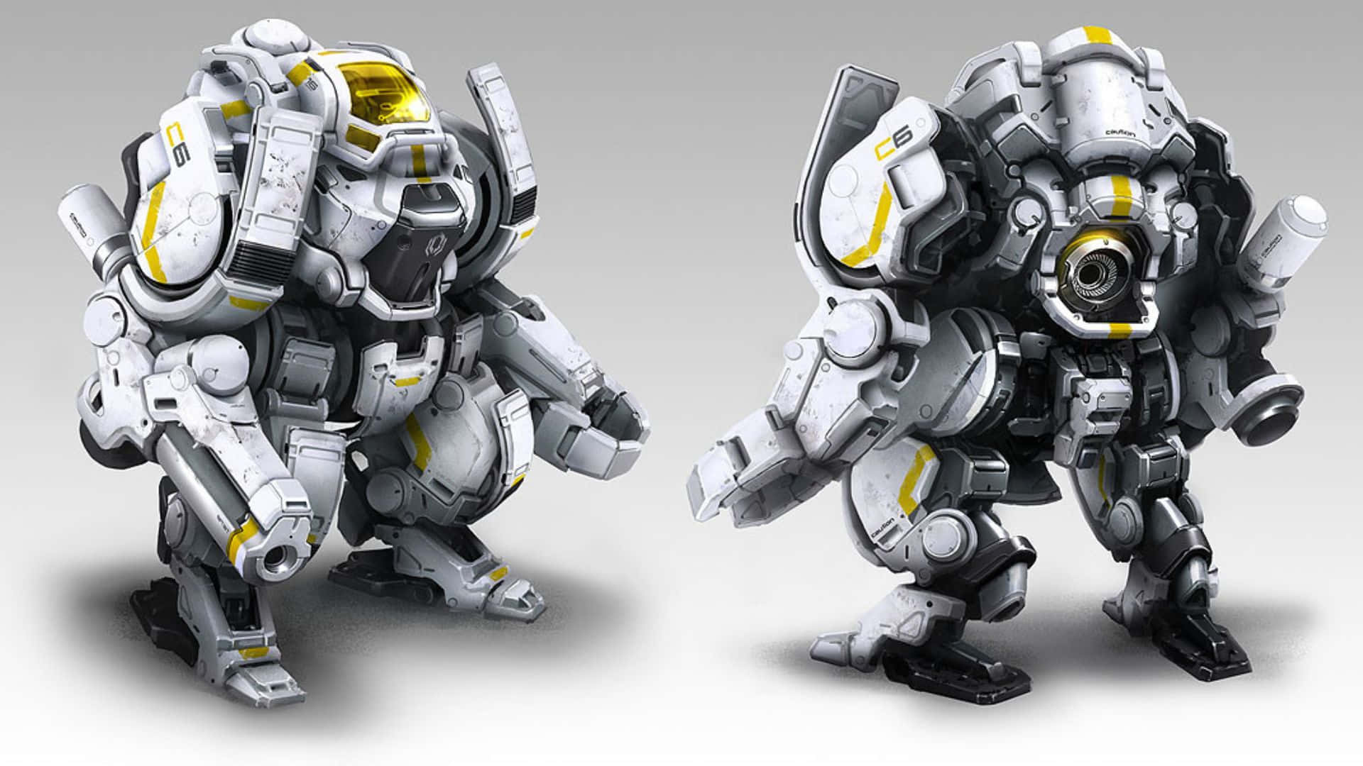 Mass Effect Cerberus 桌布 壁紙 — 兩部精細的白色和黃色裝甲機甲並排站立在純灰色背景前。