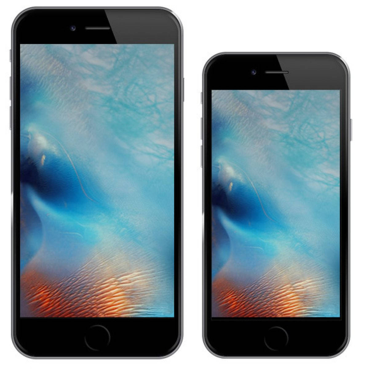 apple iPhone default 桌布 壁紙 — 兩部黑色智能手機在白色背景上顯示帶有藍色和橙色色調的漩渦抽象壁紙。