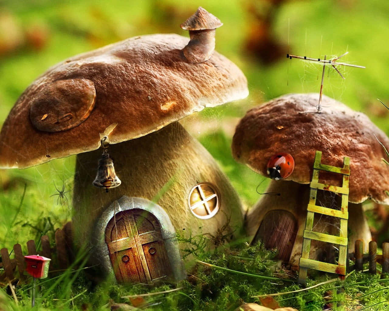 Kawaii Mushroom 桌布 壁紙 — 兩間奇特嘅蘑菇屋，有木門同梯子，坐落喺充滿活力嘅綠草中。