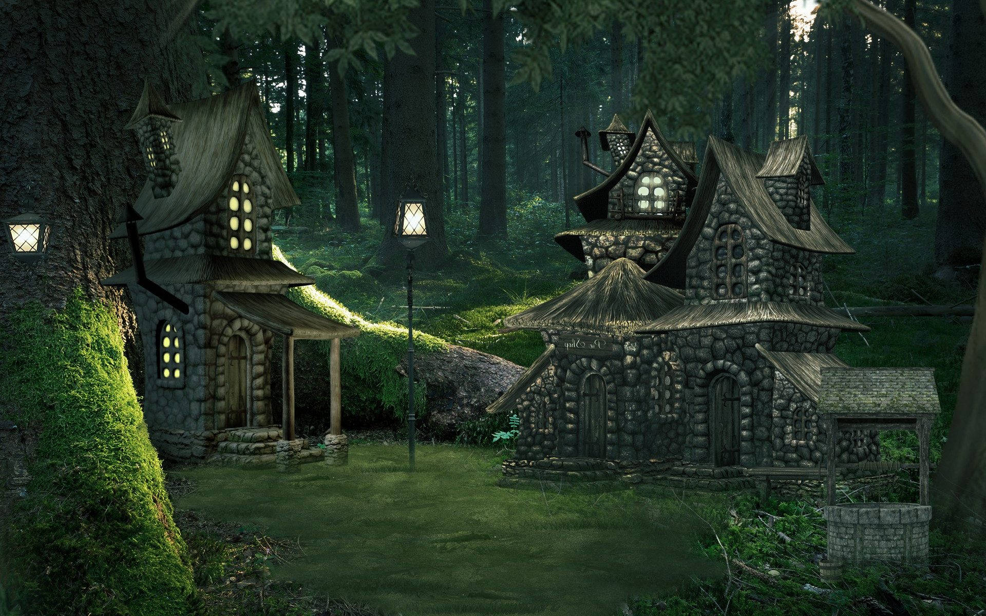 Landscape 桌布 壁紙 — 兩間長滿青苔的石屋，窗戶透出光芒，坐落在黃昏時分濃霧籠罩的茂密森林中。