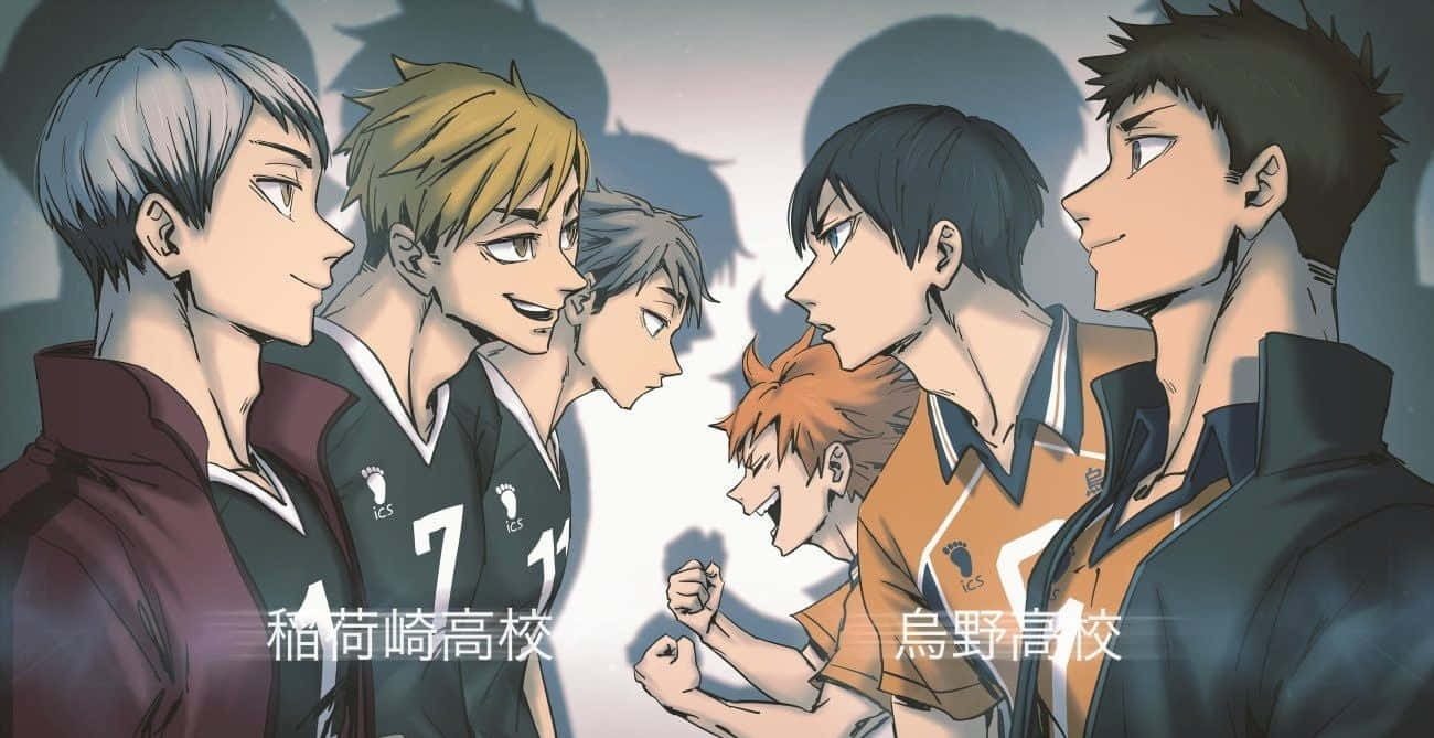 Inarizaki 桌布 壁紙 — 兩隊動漫排球隊在緊張的對峙中，帶著堅定的表情和隊服。