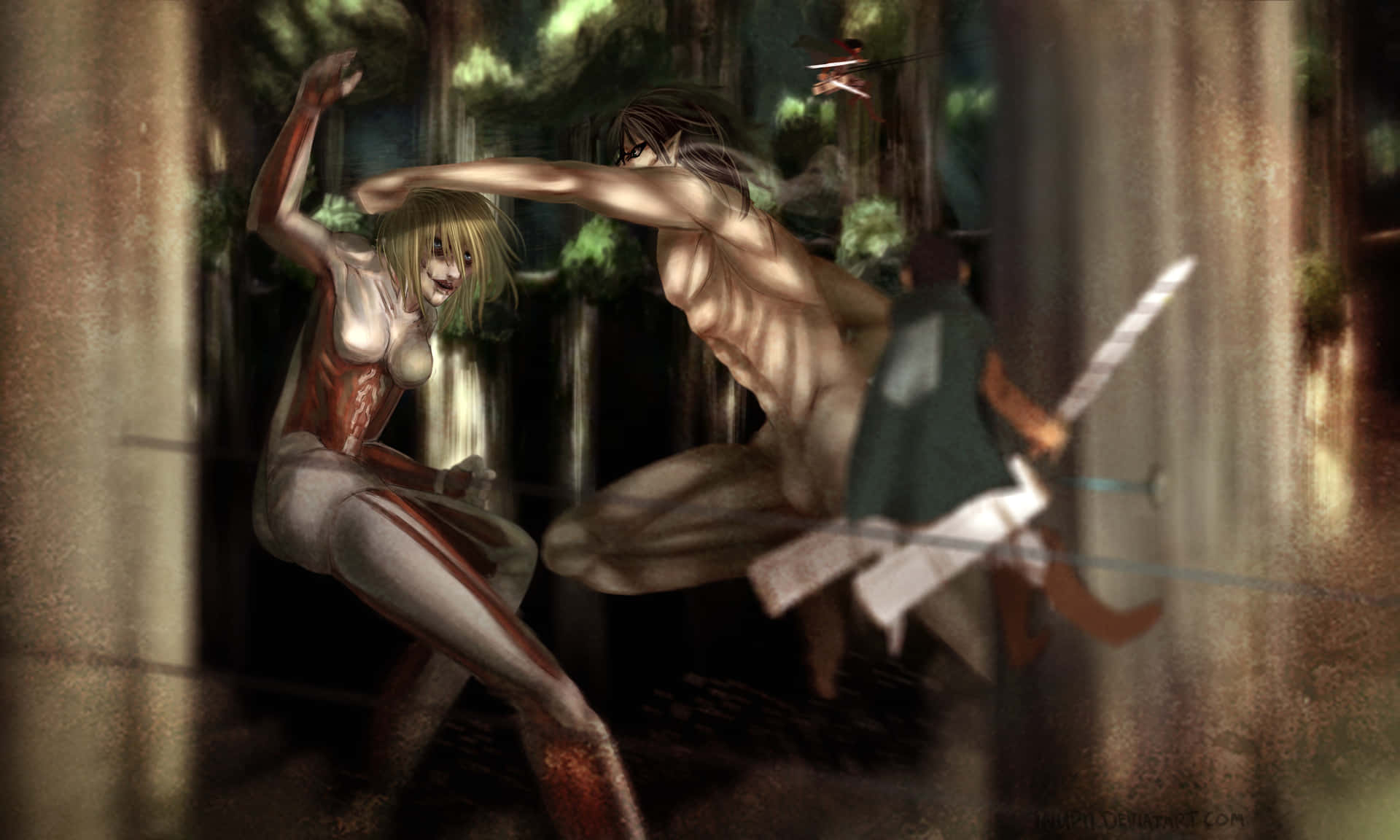 Female Titan 桌布 壁紙 — 兩隻人形巨人喺茂密森林中碰撞，背景有第三個人物揮劍。