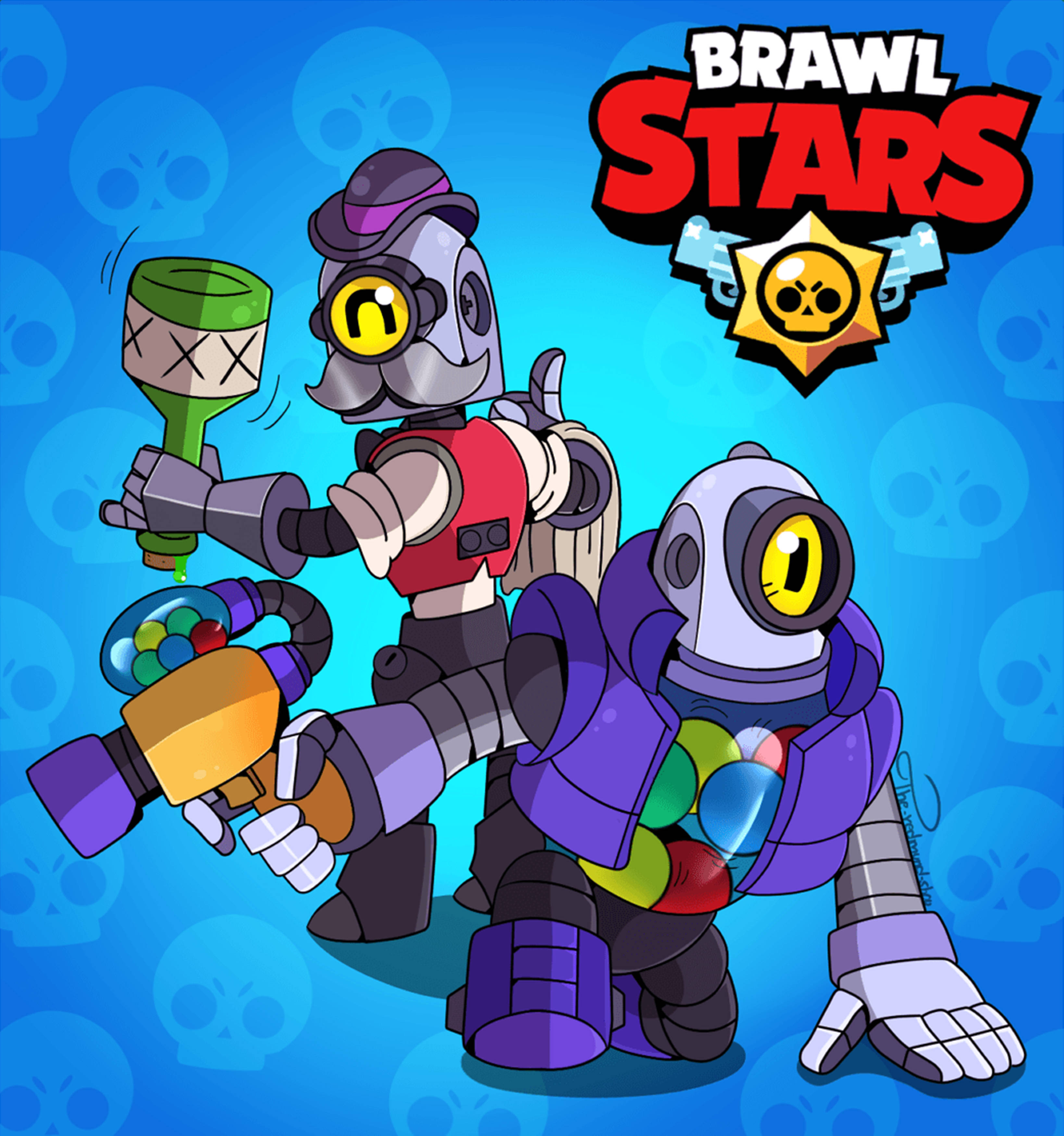 Brawl Stars 桌布 壁紙 — 兩隻來自Brawl Stars的卡通機械人，在藍色骷髏圖案背景前手持彩色武器準備就緒。