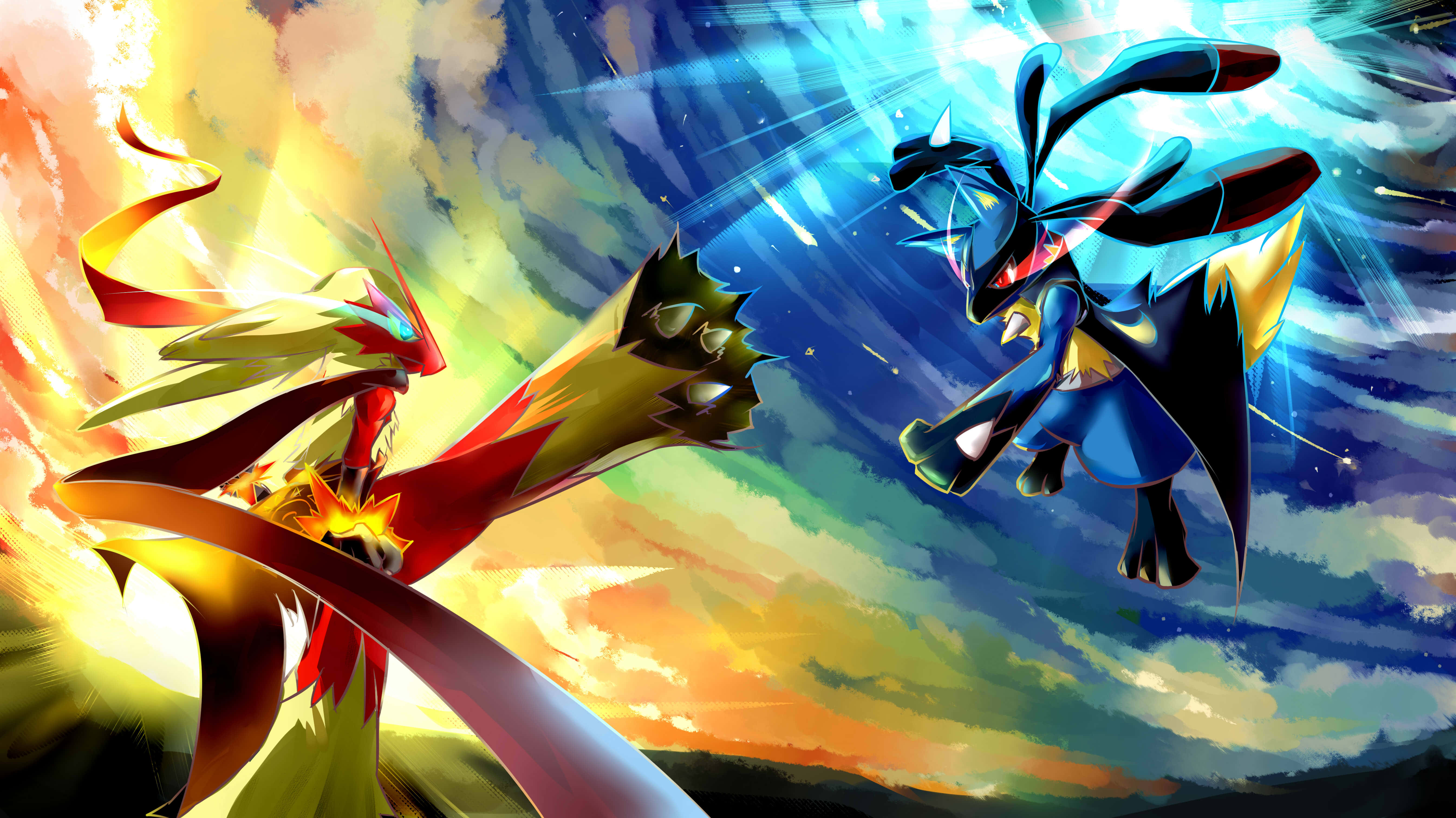 Pokemon Fan Art 桌布 壁紙 — 兩隻傳說中的寶可夢在充滿活力的天空中碰撞，火焰和電能從它們的形態中輻射出來。
