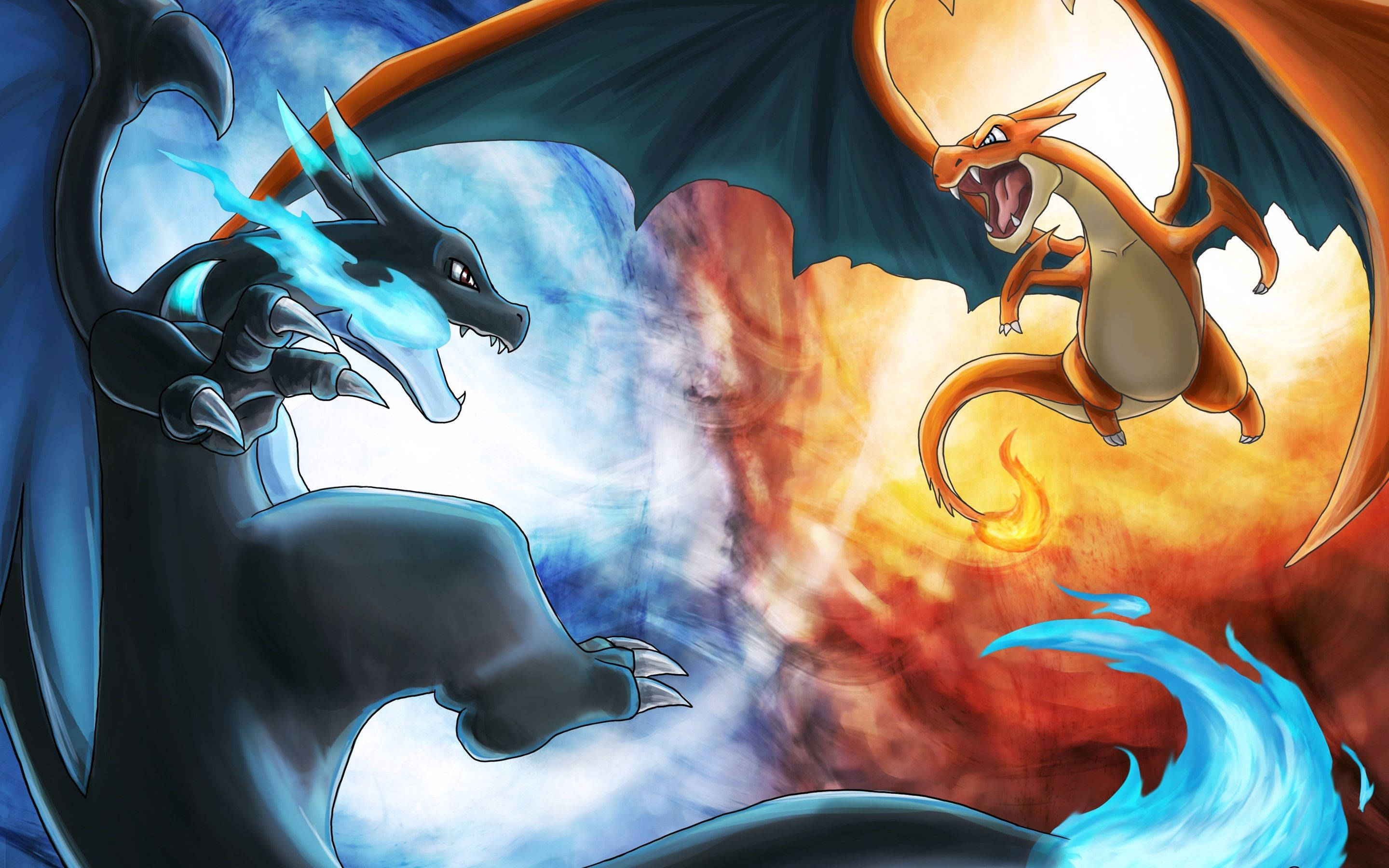 Two powerful Charizards clash in a legendary battle! 壁紙 — 兩隻傳說中的寶可夢在旋轉的宇宙背景下進行火與冰的戲劇性對決。