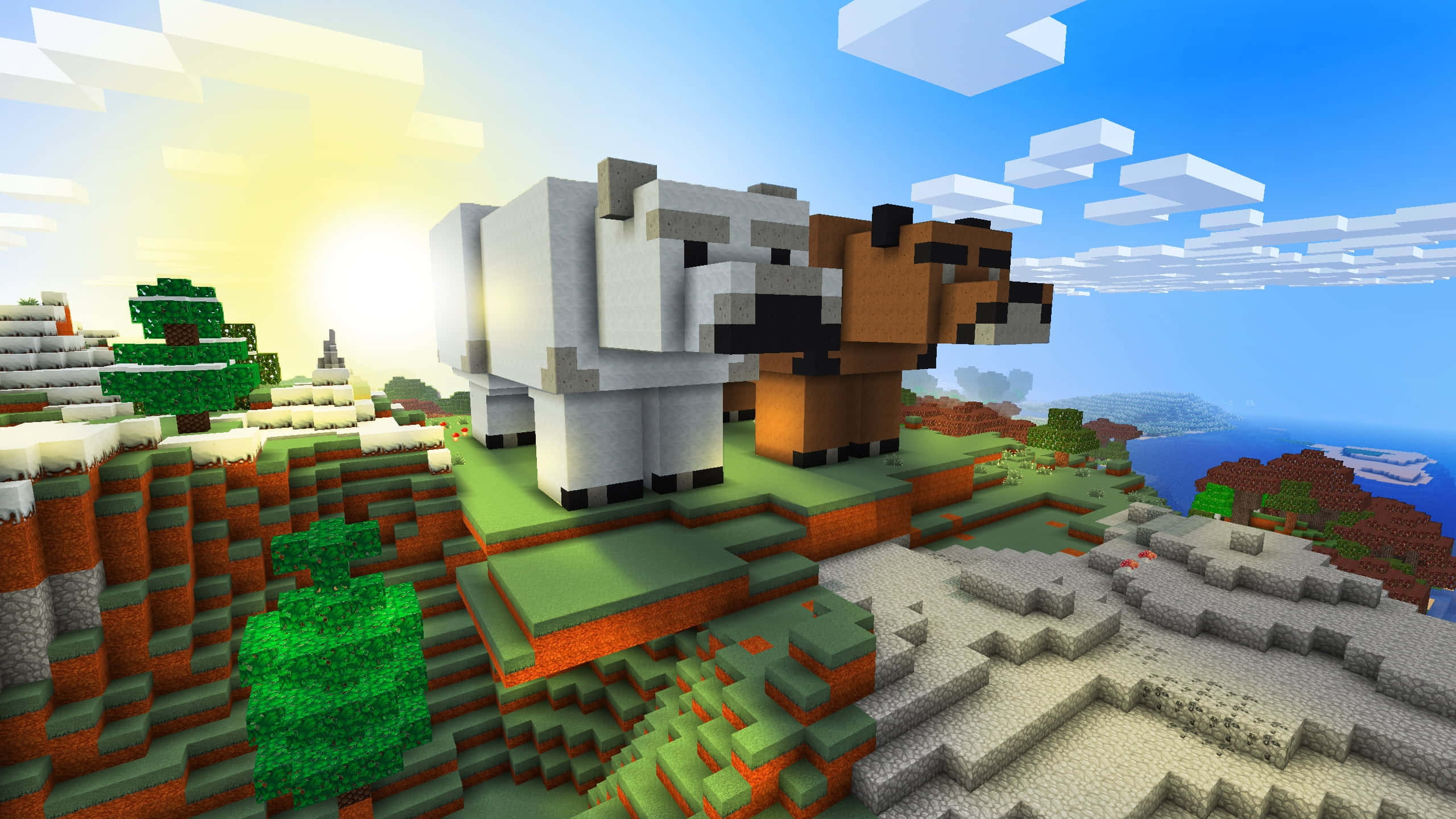 Minecraft Adventure 桌布 壁紙 — 兩隻像素化嘅牛企喺一個方塊山坡上，喺一個有浮雲同明亮太陽嘅Minecraft景觀入面。