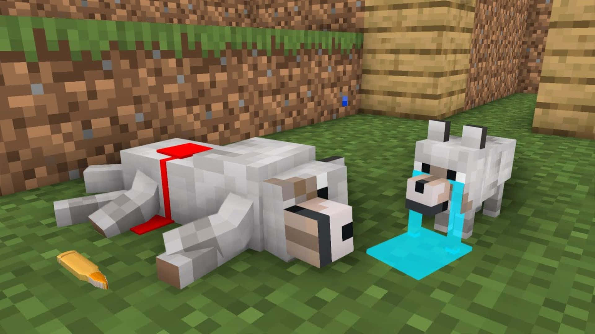 Minecraft Wolf 桌布 壁紙 — 兩隻像素化的Minecraft狼，一隻躺著死了，有紅色的血，另一隻在胡蘿蔔附近的草地上哭著藍色的眼淚。